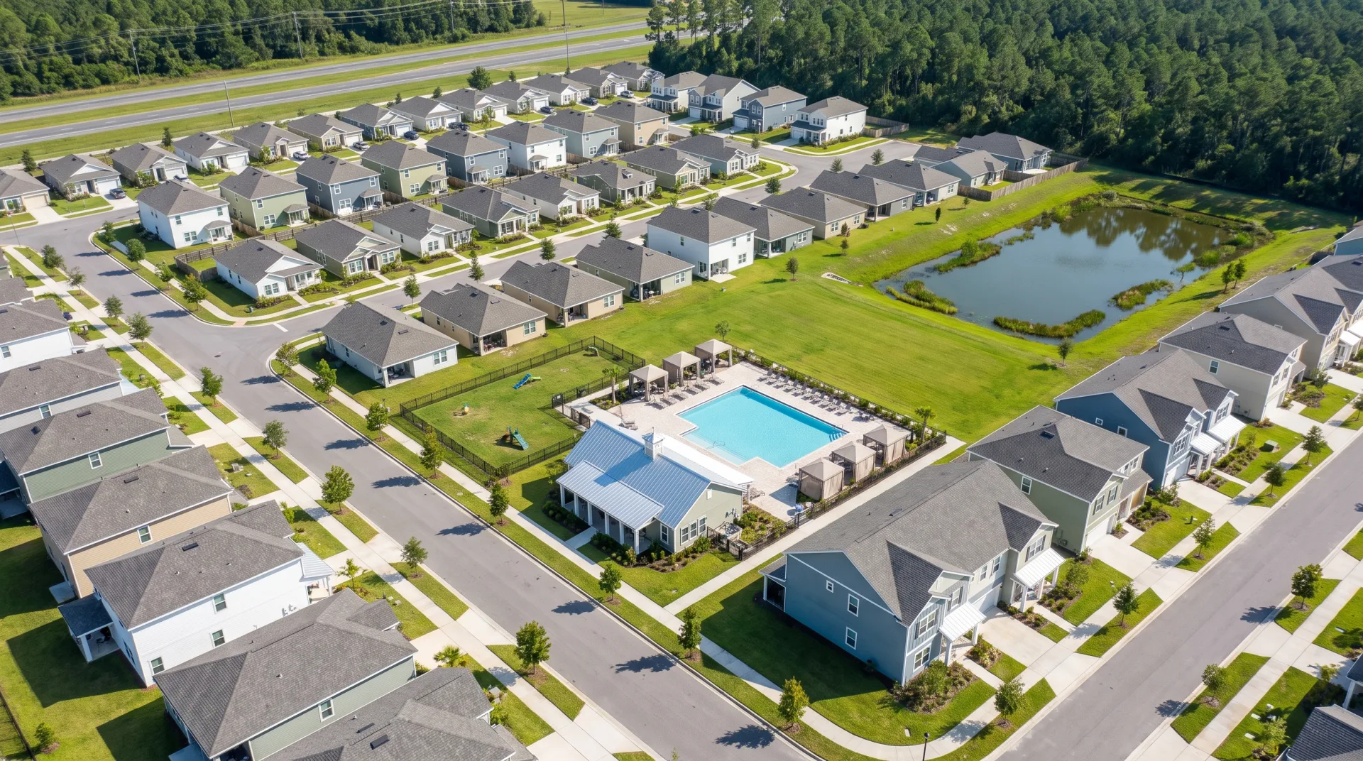 An aerial view of a new rental community of small houses and townhomes on curving streets around a pool, clubhouse, dog park and green, with a detention pond at one edge.