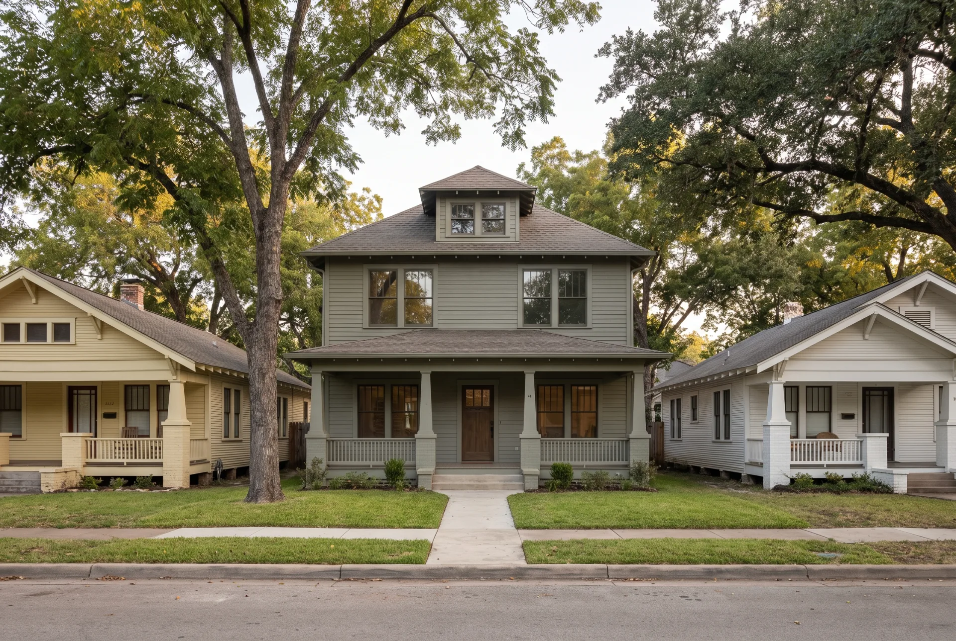 A new two-story house with a deep front porch standing between two raised Craftsman bungalows, its porch and roof lines matching theirs.