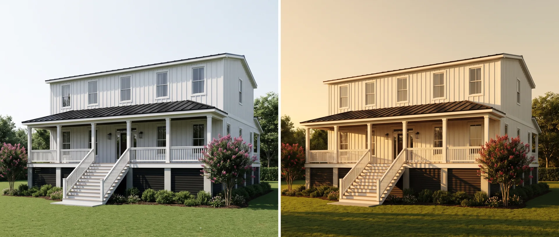 The same raised white house at noon, with black shadow bands under the porch, and at golden hour, with warm light under the porch and long shadows on the lawn.