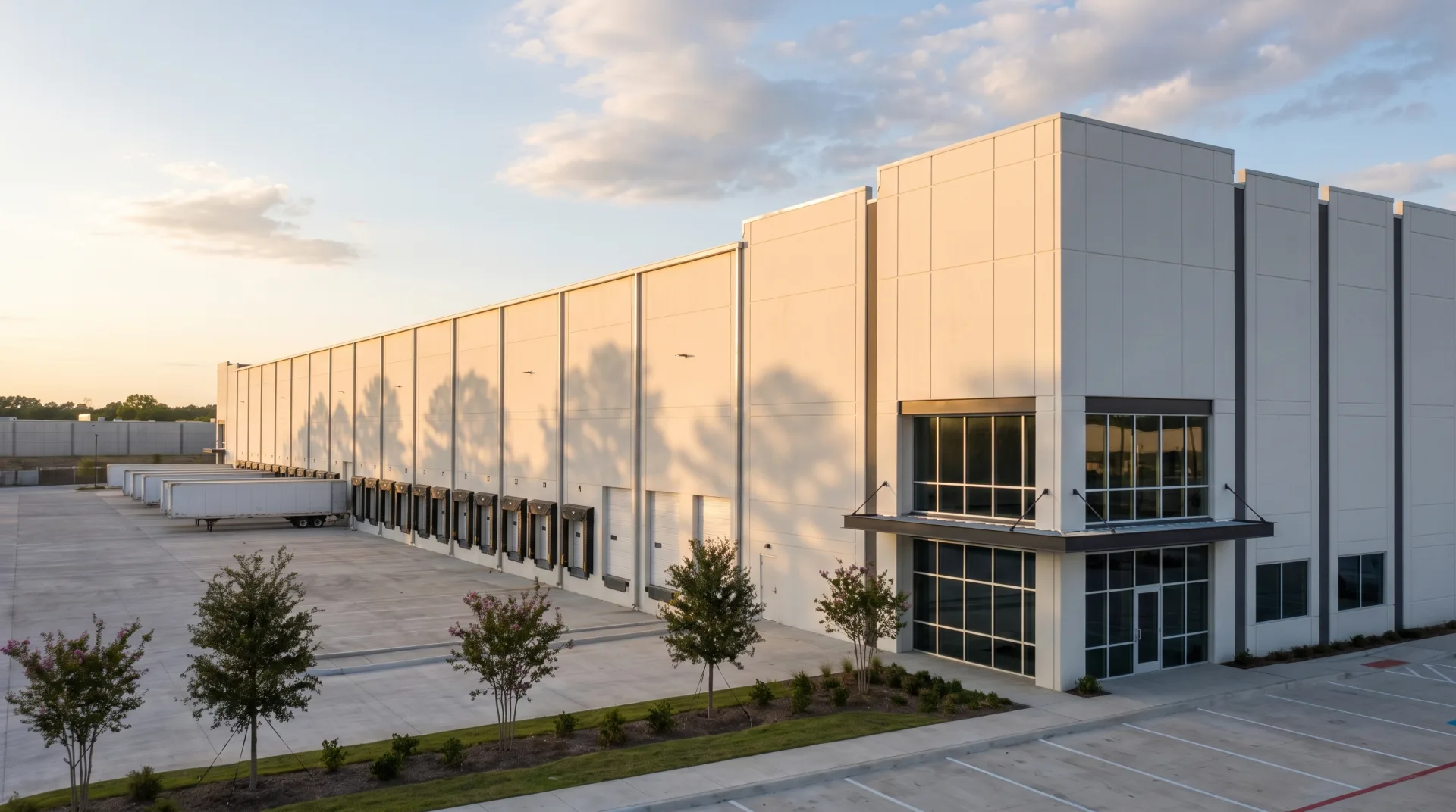 A long white tilt-wall warehouse with a glazed office corner and a row of dock doors on a concrete truck court, in late-afternoon sun.
