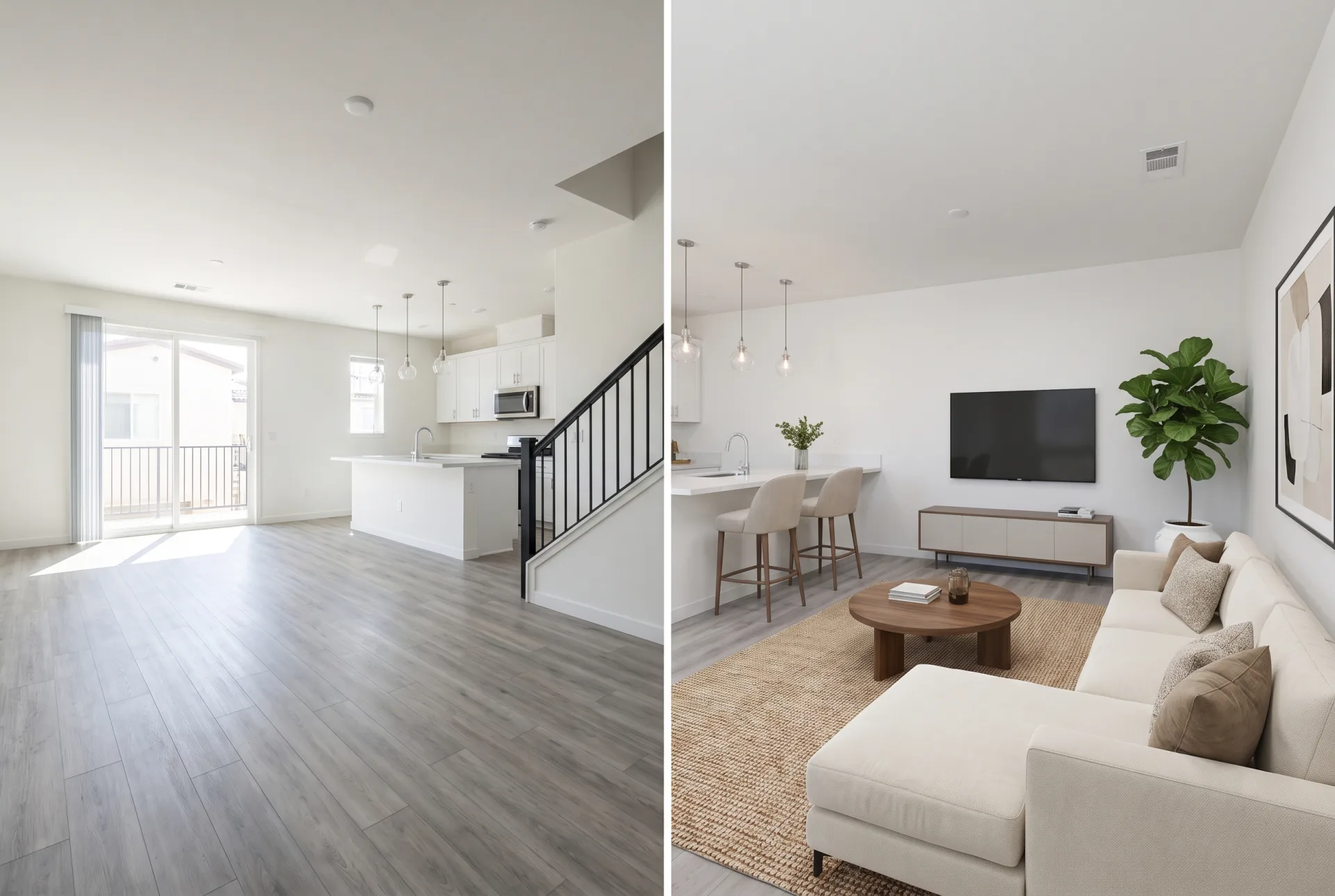 A new townhouse living area shown empty on the left and virtually staged on the right with a sectional, rug, coffee table and stools at the kitchen island.