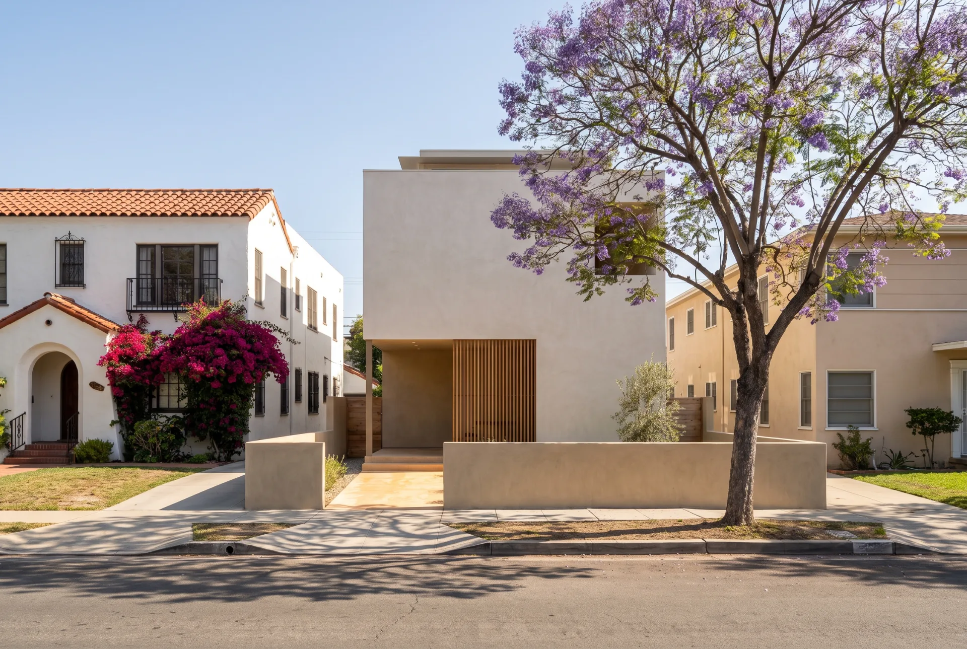 A new pale stucco infill house between a Spanish Colonial Revival house with a red clay tile roof and a 1950s stucco duplex, with warm light bouncing off the white walls.