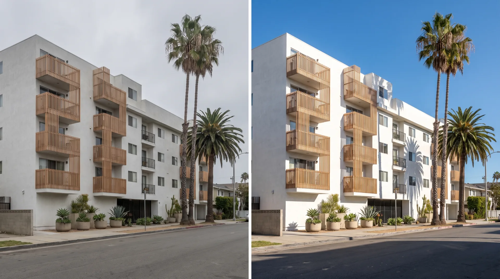 The same Santa Monica-style apartment building under a soft gray marine-layer morning on the left and in hard clear afternoon sun on the right.