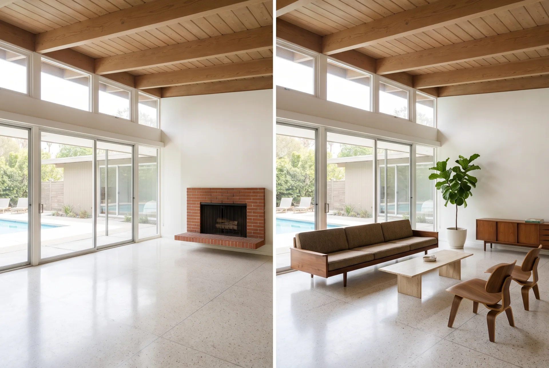 An empty mid-century post-and-beam living room with clerestory windows and a glass wall, shown empty on the left and staged with low furniture on the right.