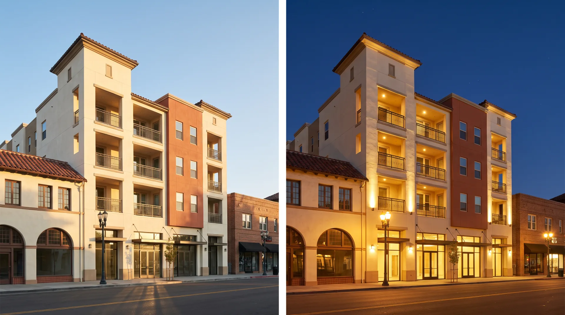 The same new four-story mixed-use building on a Westwood-style street shown in a daylight context view on the left and a night view with storefront and street lighting on the right.
