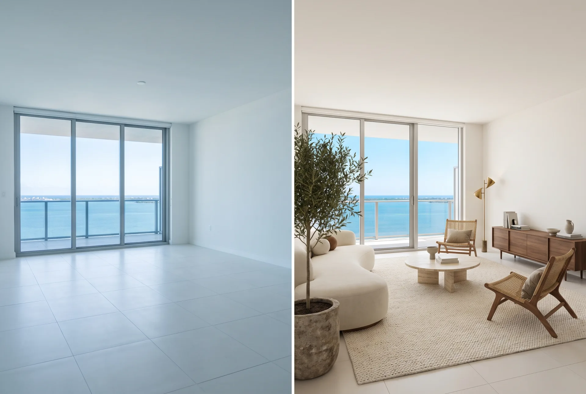 An empty condo living room with a glass wall onto the water on the left, and the same room staged with a curved sofa, cane chairs, rug and an olive tree on the right.