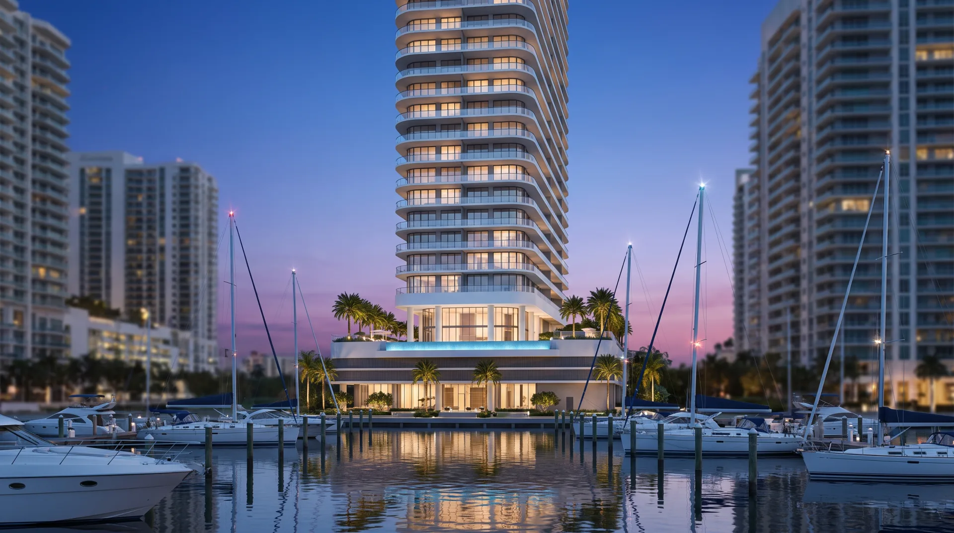 A slender white residential tower with curved balconies glowing at dusk above a marina, its lit pool deck at the podium top.