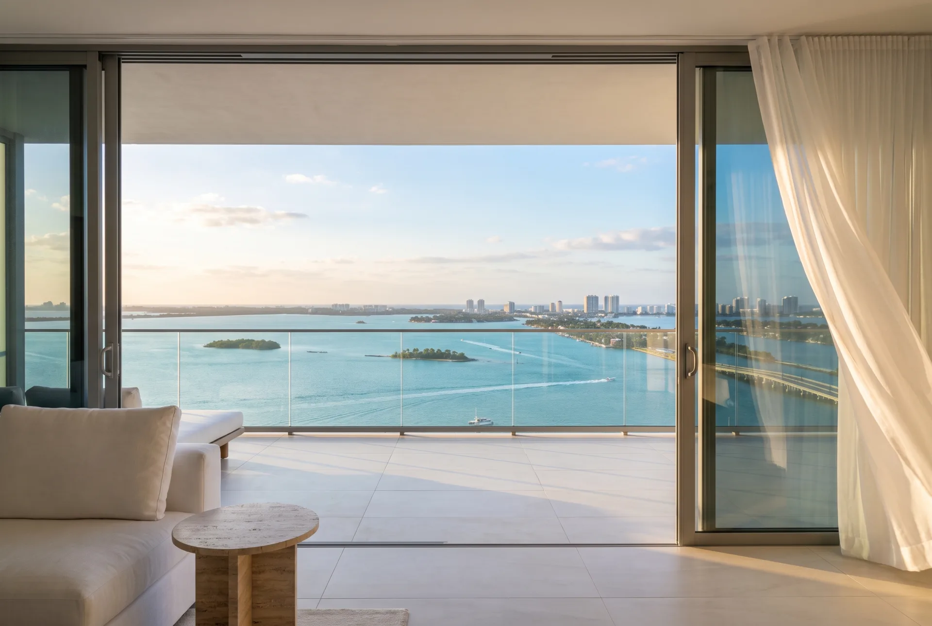A high-floor condo living room opening onto a glass-railed balcony, with a wide view over a blue bay, causeways and islands in late-afternoon sun.