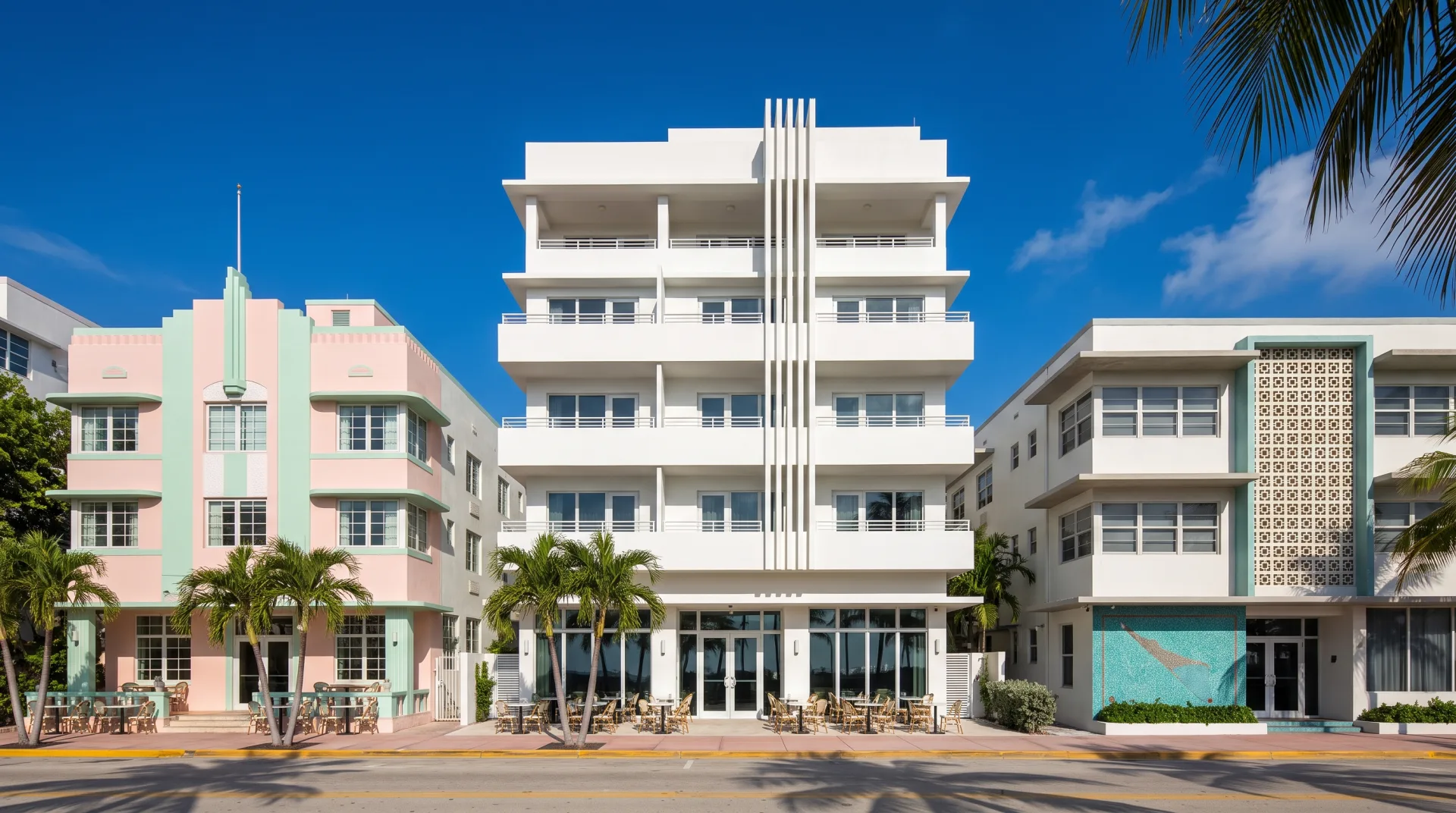 A new white five-story hotel between a pastel Art Deco hotel with eyebrows and a fin and a Miami Modern building with sunshades and a mosaic panel.