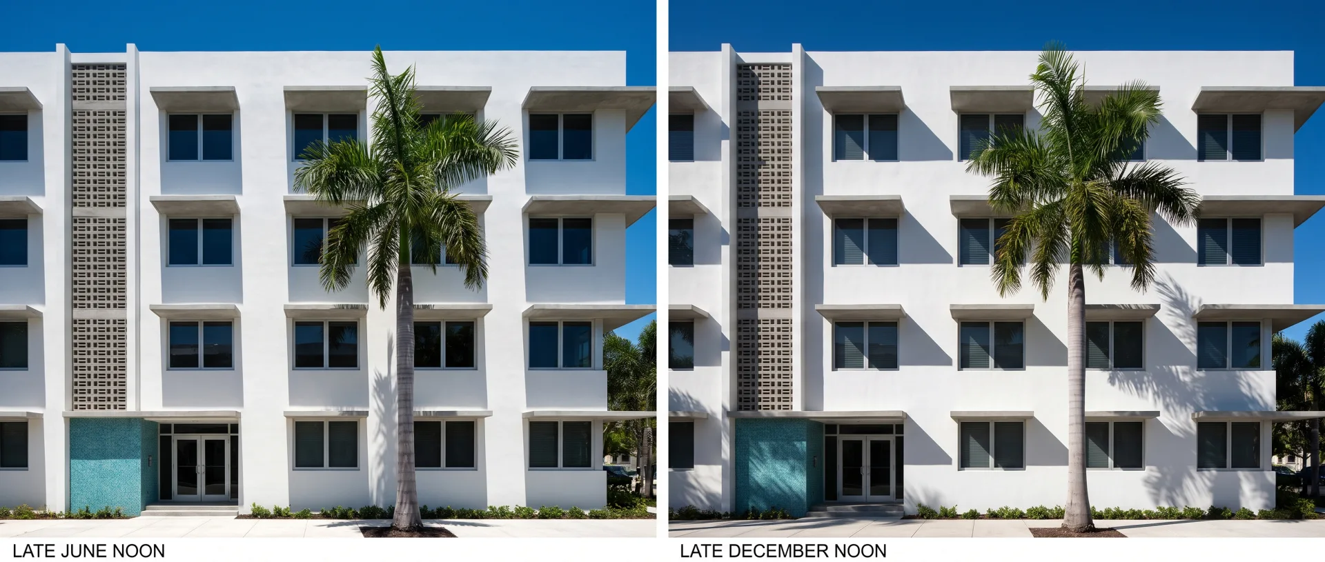 The same white MiMo facade with deep sunshades at June noon, with thin shadow lines, and at December noon, with deeper diagonal shadows across the windows.