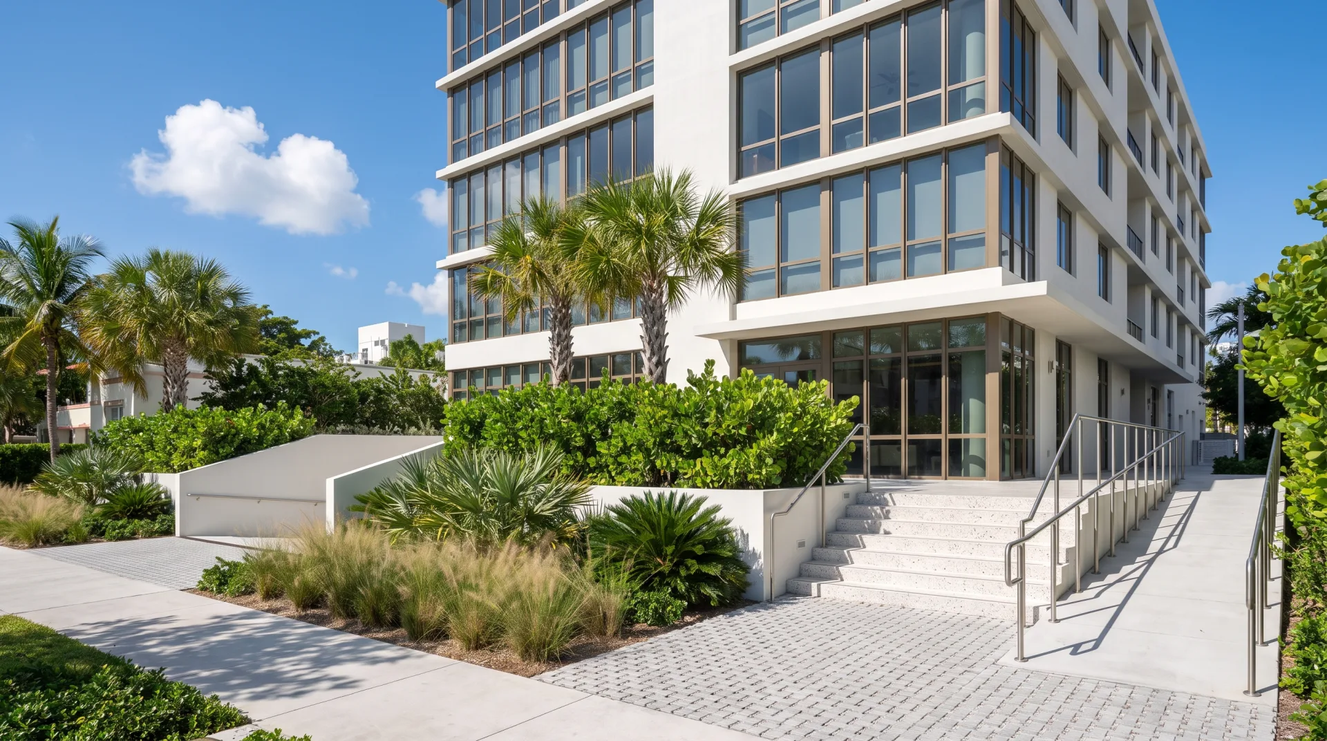 A white residential building with its lobby raised above the sidewalk, reached by a wide stair and ramp, fronted by native palms and grasses and light permeable paving.