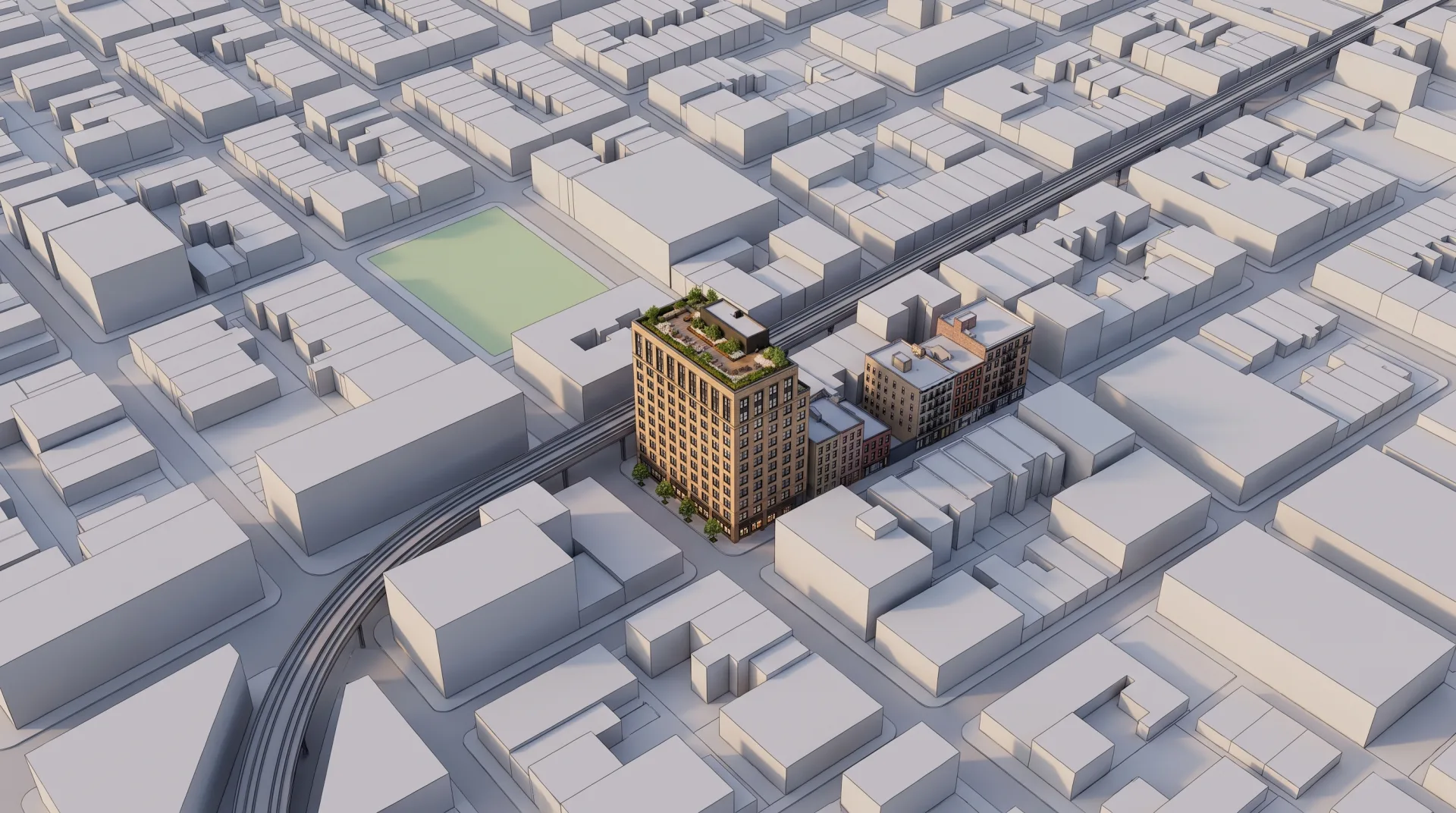 Architectural visualization NYC context: Brooklyn blocks as plain gray city massing from the free city model, with one new twelve-story brick building and its close neighbors rendered in full material.