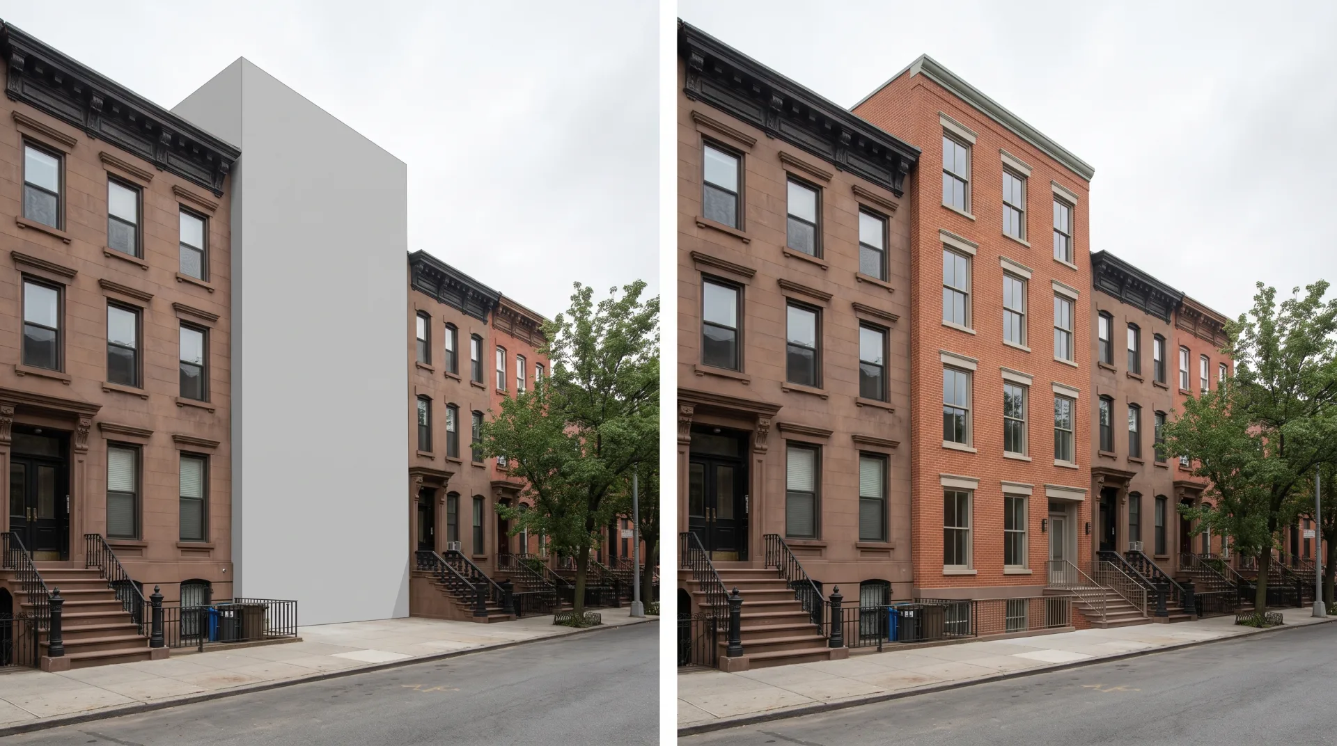 The same Brooklyn mid-block infill twice from one pedestrian viewpoint: on the left as plain gray massing in a street photo, on the right as a finished brick and limestone rendering between brownstones.