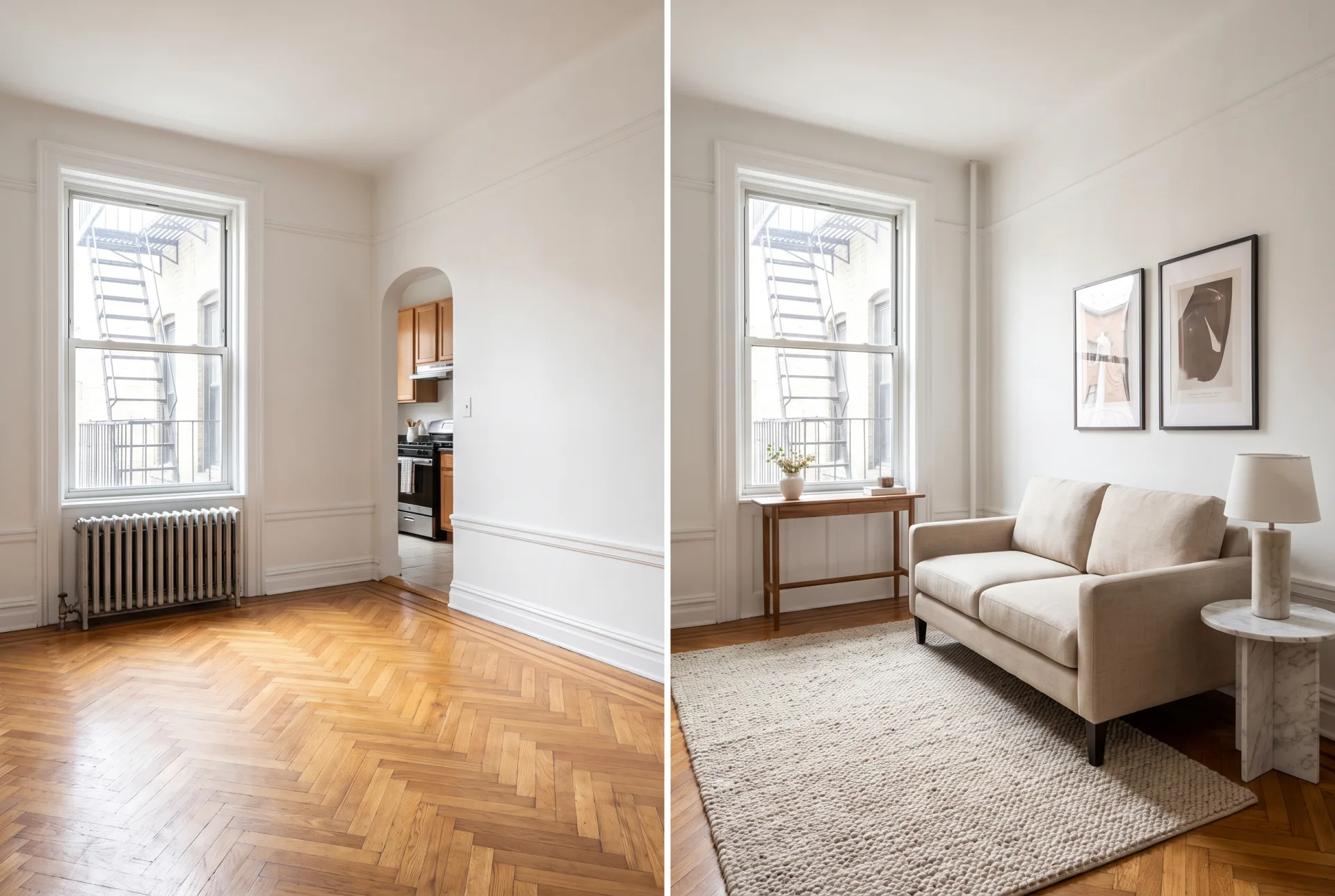 An empty pre-war one-bedroom living room with parquet floor and a radiator, shown empty on the left and virtually staged with compact furniture on the right.