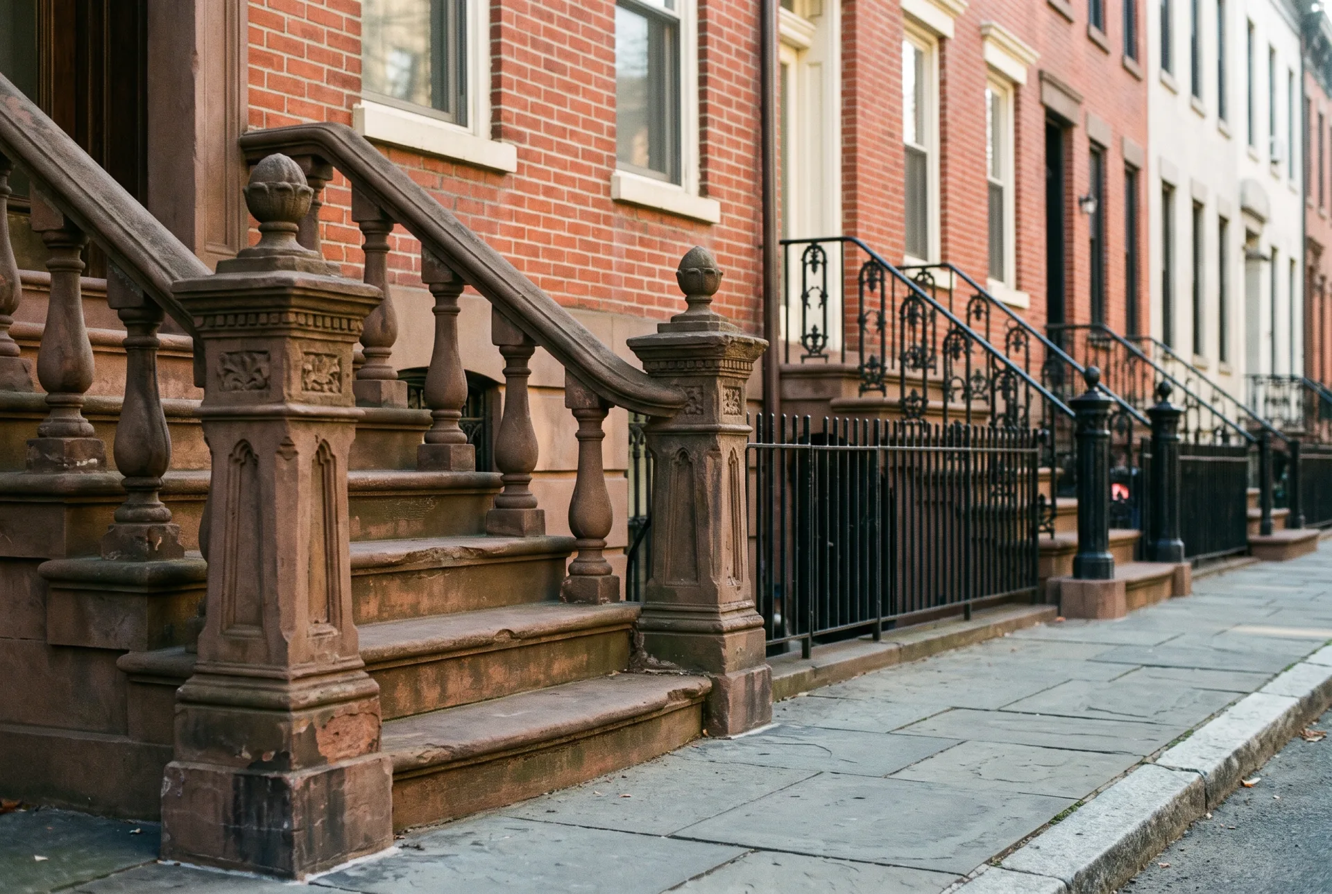 Brownstone stoop, red Flemish-bond brick and cream limestone lintels on adjoining New York rowhouses, with a bluestone sidewalk, in low afternoon sun.