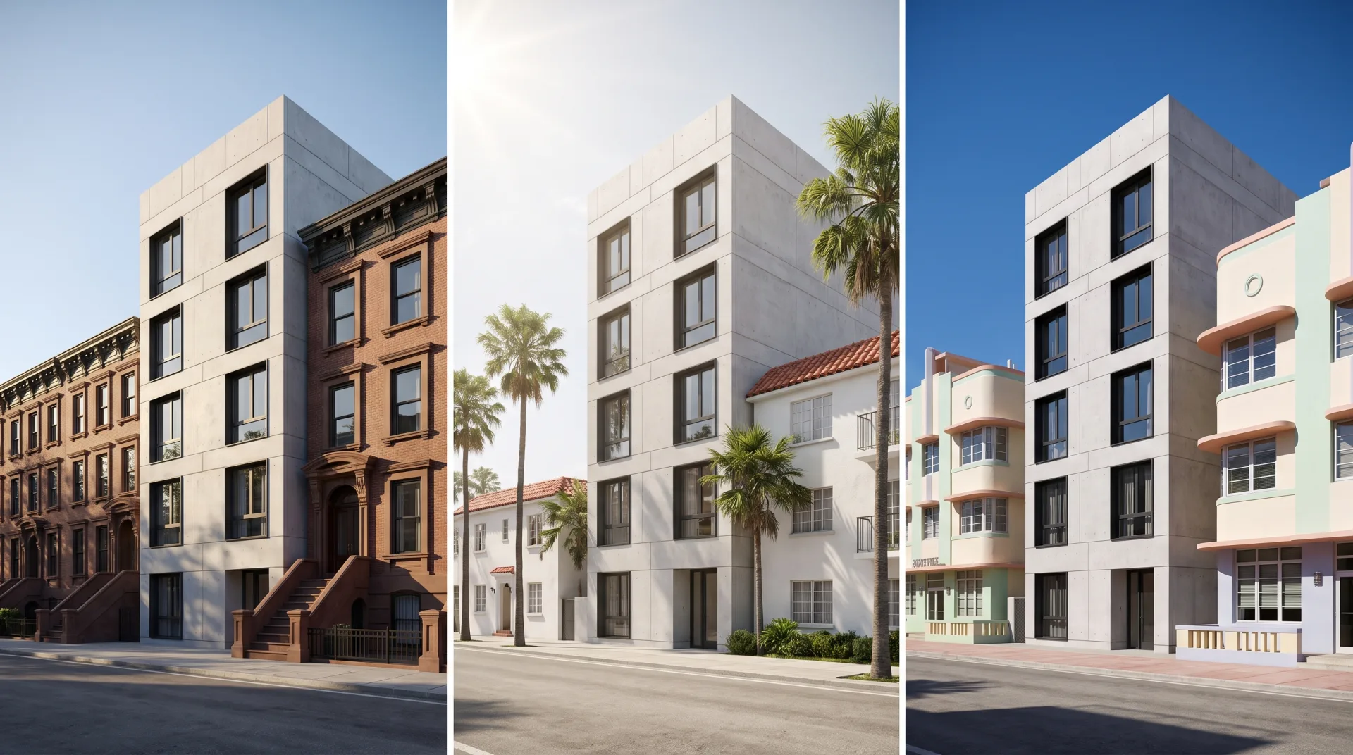 The same new five-story building shown in three streets: among brownstone rowhouses, among white stucco and clay tile, and among pastel Art Deco buildings.