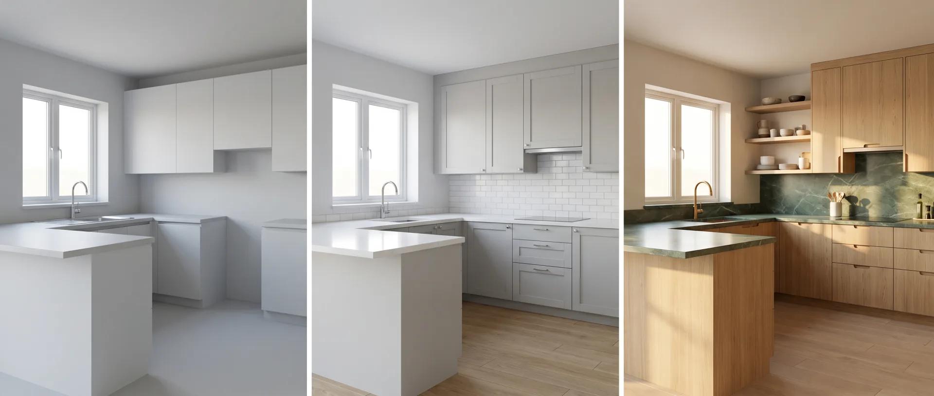 The same kitchen at three levels of detail: plain shell, standard finishes, and fully detailed custom oak and marble.