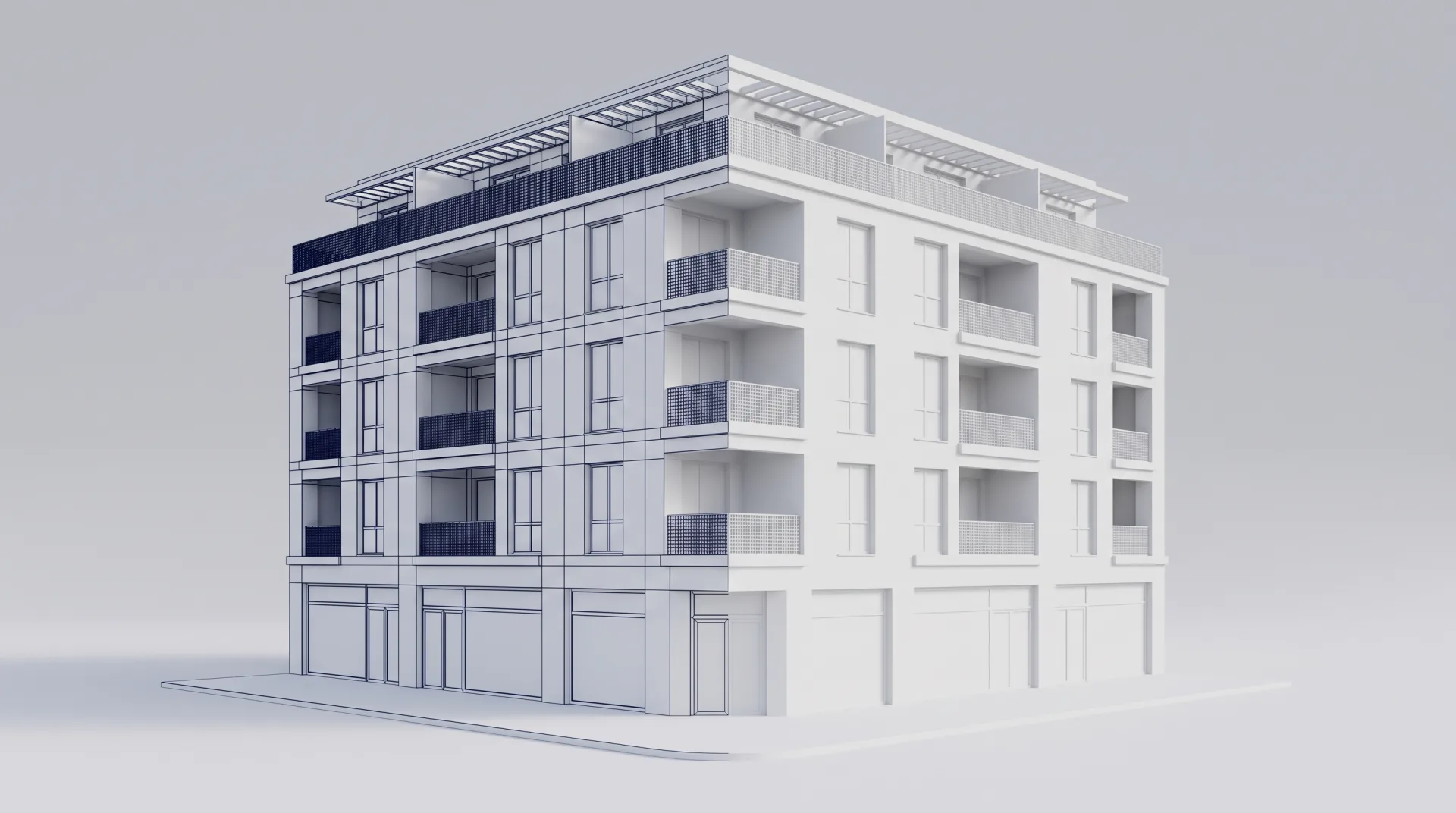 A four-story corner building model, half shown as a wireframe mesh and half as a smooth white clay model, on a gray studio ground.