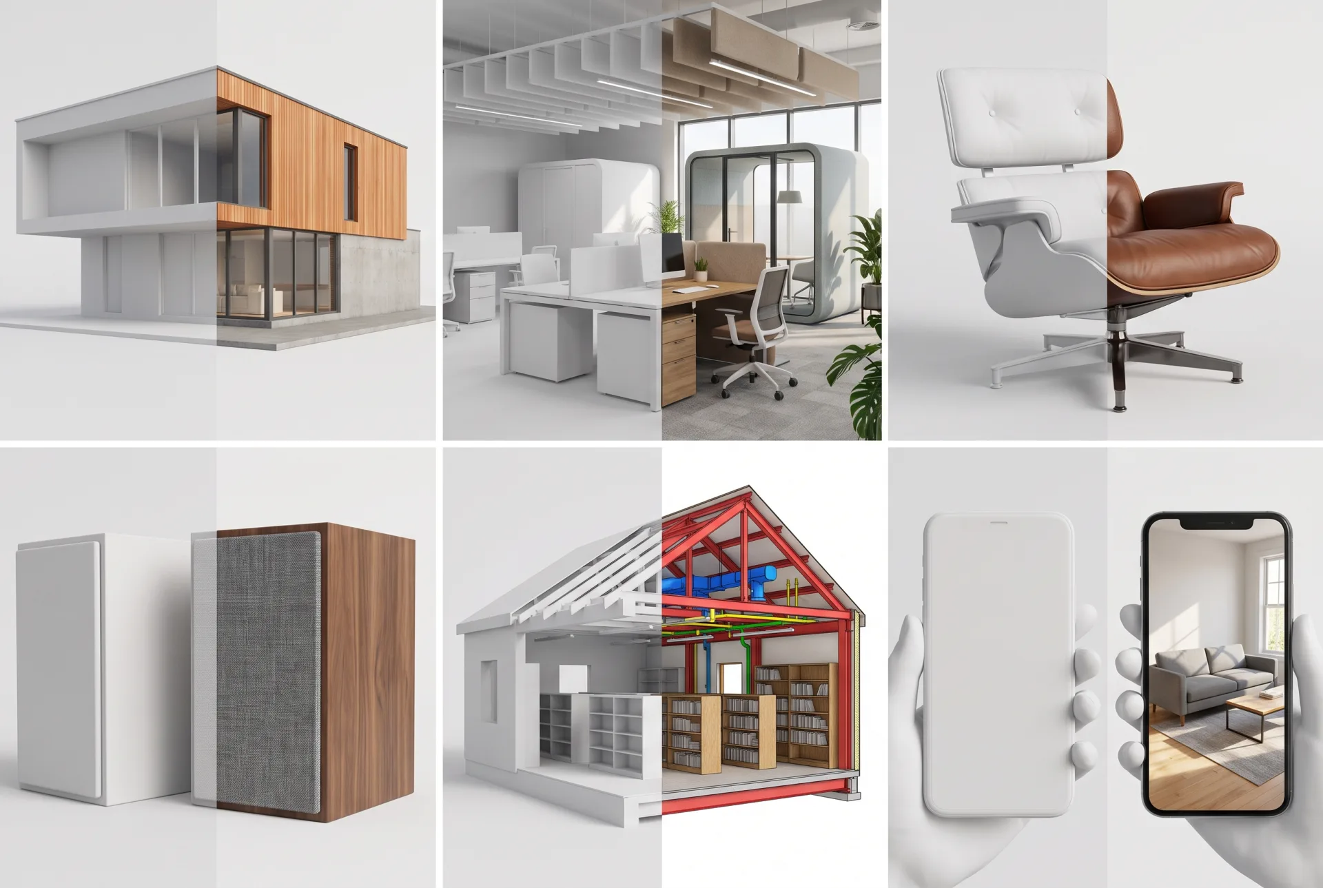 Six models each shown half as white clay and half finished: a house, an office interior, a lounge chair, a speaker, a library section and a sofa on a phone screen.