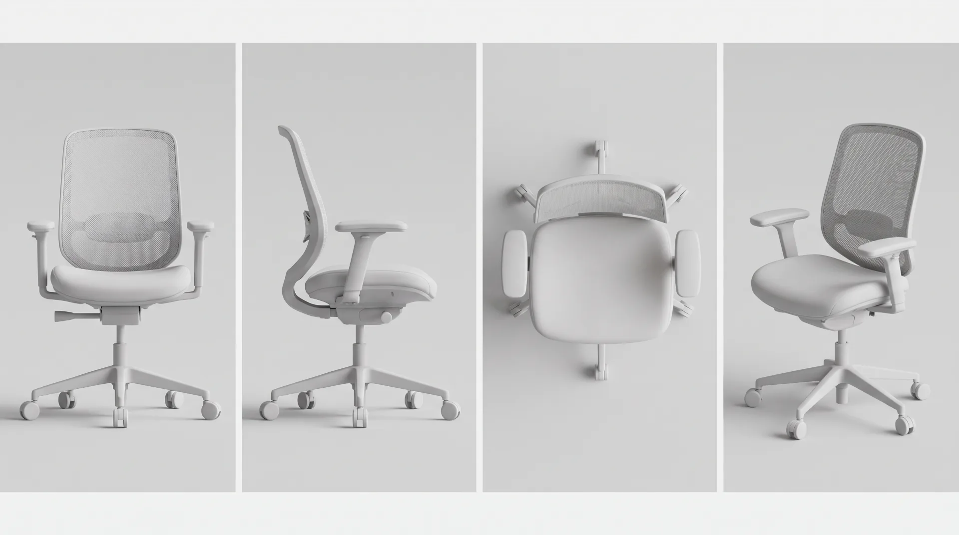 An office task chair as a white clay model from the front, side, top and three-quarter angle, at the same scale.