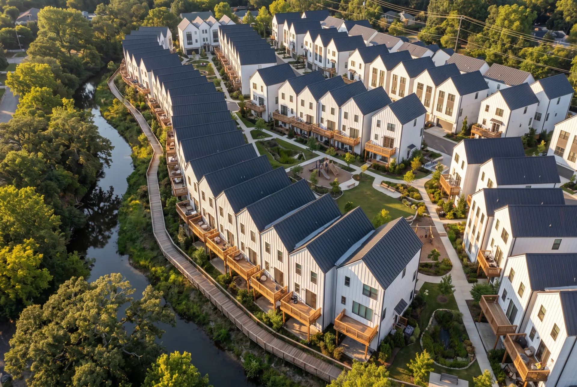 A low aerial of clusters of white townhouses with dark metal roofs along a wooded creek, with a boardwalk and small parks between them.