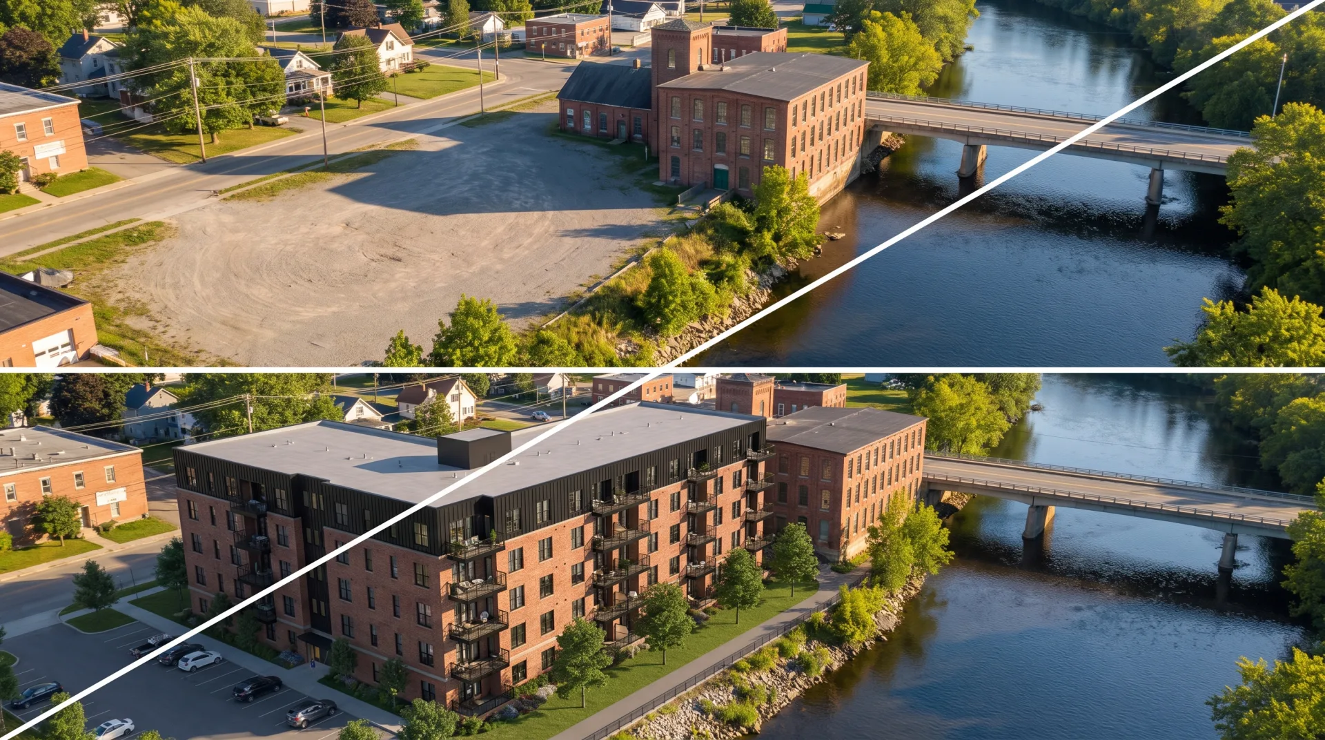 A drone photo of an empty riverside lot beside an old mill, split diagonally with the same view showing a new brick apartment building placed into the photo.