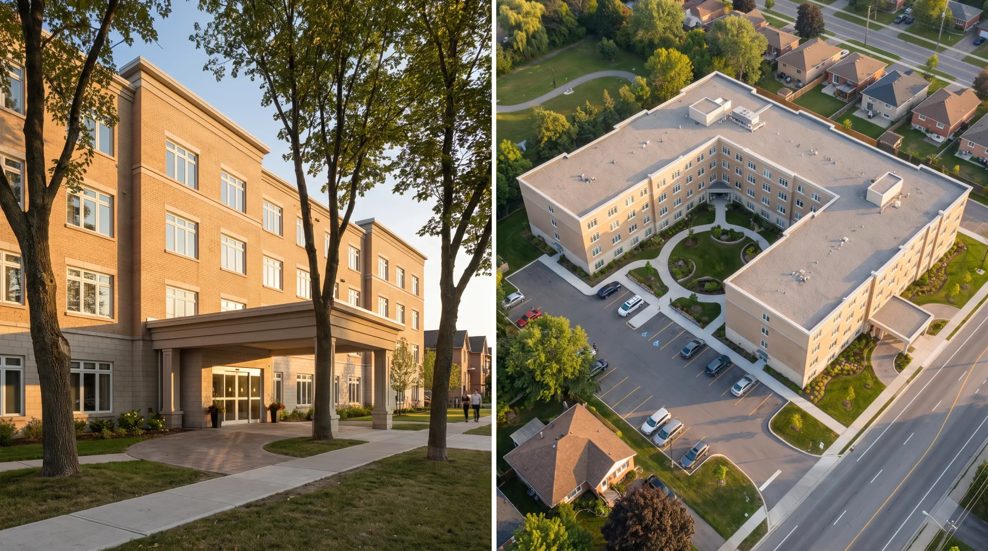 The same brick senior living building twice: at eye level, where it fills the frame, and from the air, where its courtyard, parking and neighboring houses are visible.