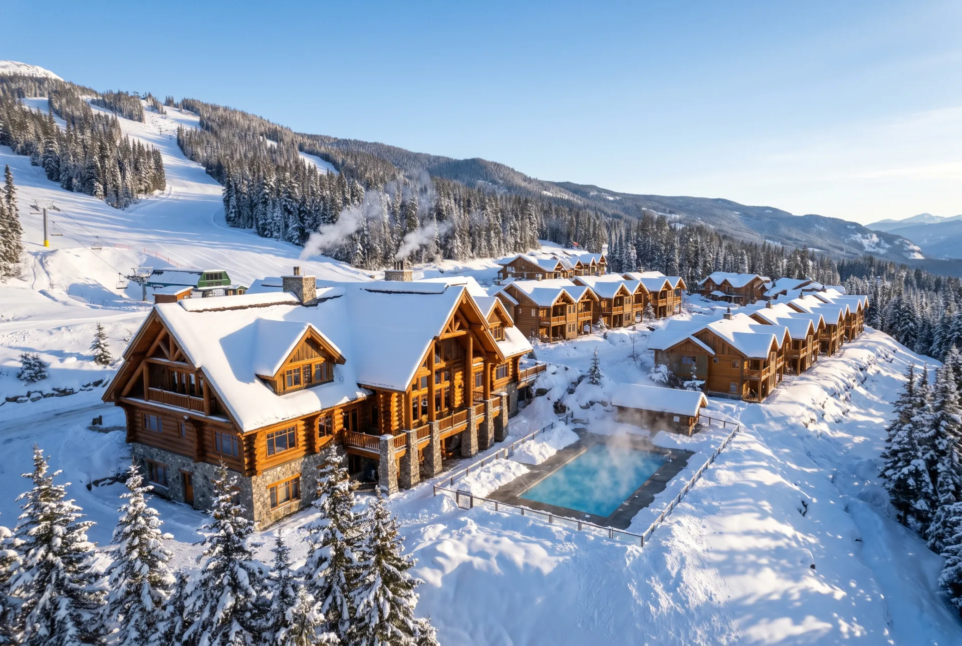 A high aerial of a timber and stone mountain lodge with cabins along a ridge, a steaming outdoor pool and ski runs behind, under fresh snow.