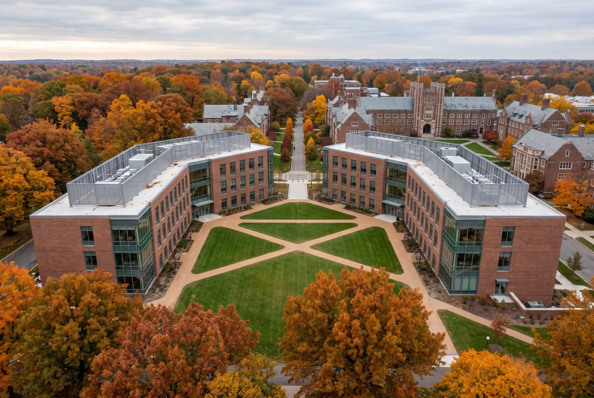 A high aerial of three new brick and glass laboratory buildings around a lawn quad on a wooded university campus in autumn colors.