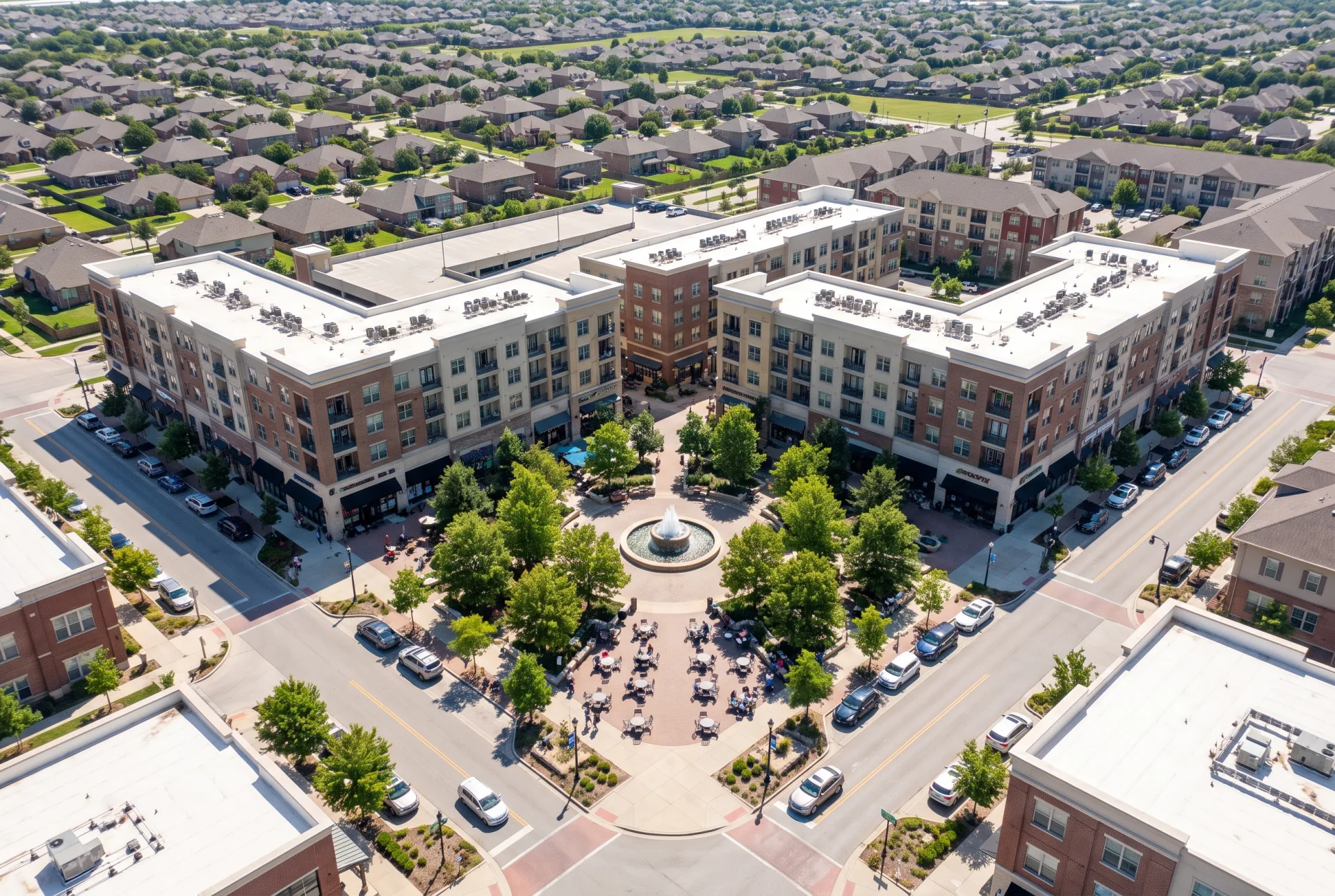 An aerial of a new town center of four-story mixed-use buildings around a square with a fountain and trees, on a former mall site among suburban houses.