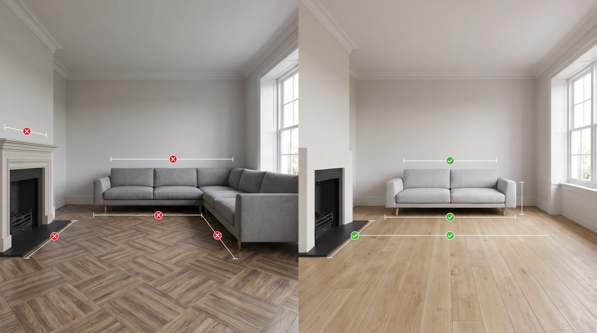 Same living room shown twice: an AI image with a wrongly sized sofa, shifted fireplace and wrong floor, beside the accurate render from a 3D scene