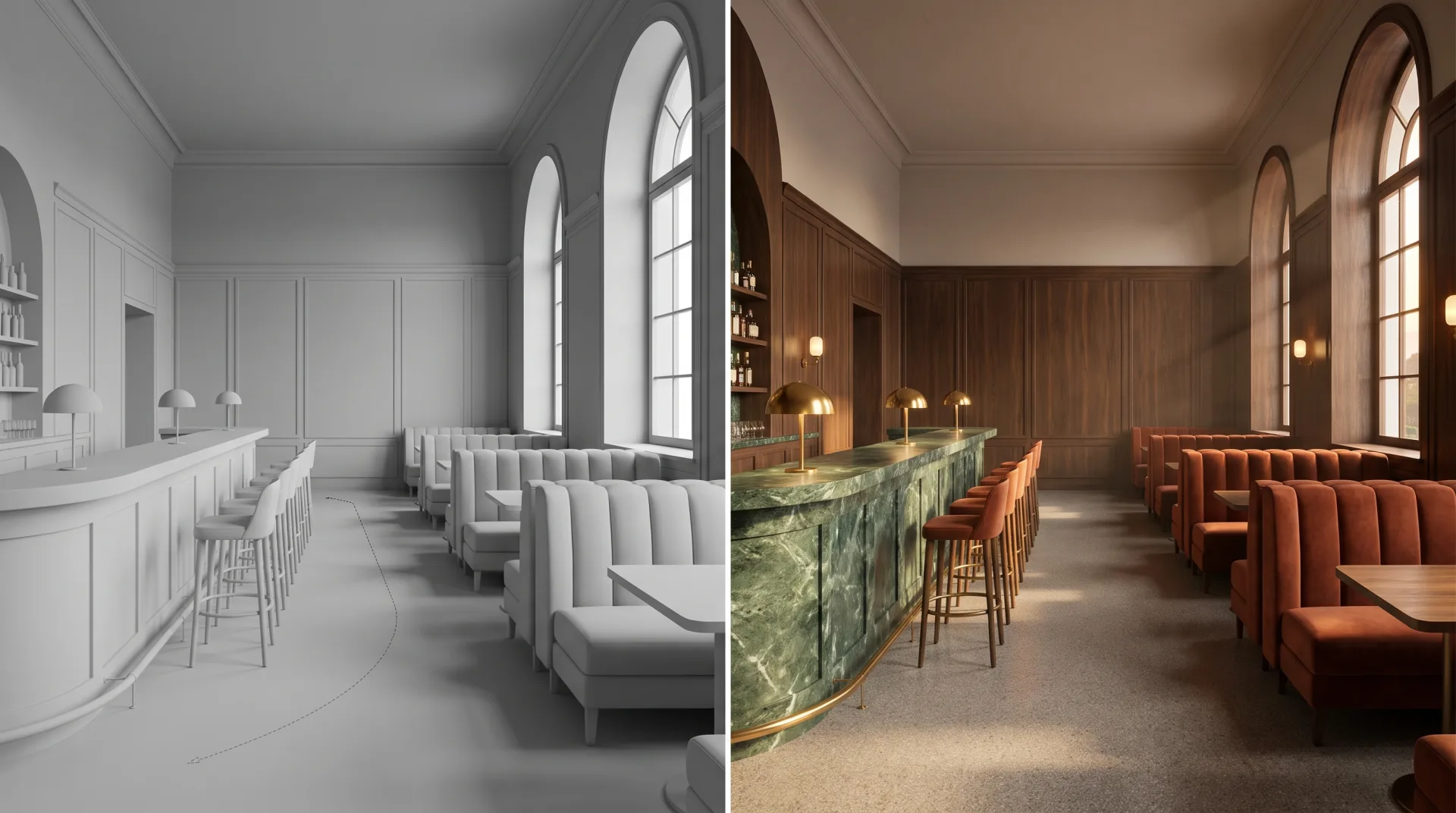 The same hotel lounge frame twice: on the left as a gray clay preview with a faint camera path on the floor, on the right finished with green marble, walnut, velvet and warm evening light.