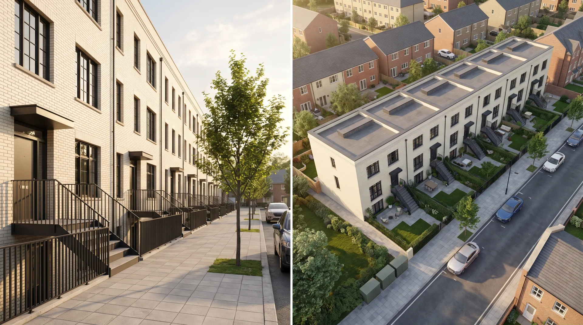 The same brick townhouse terrace twice: on the left at eye level along the sidewalk, on the right from high above showing the gardens and neighboring blocks.