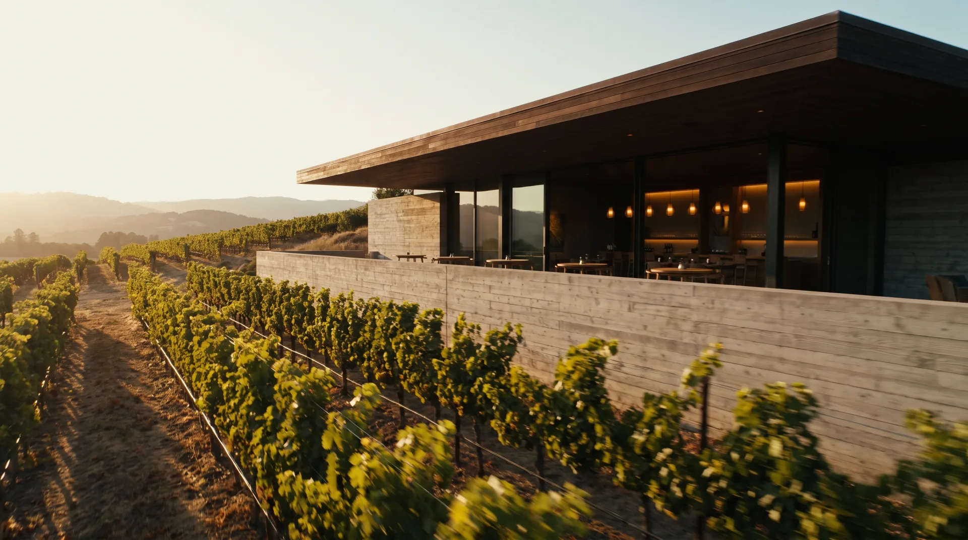 A film frame of a camera gliding low over vineyard rows toward a concrete and timber winery building with a glowing glass tasting room at golden hour.