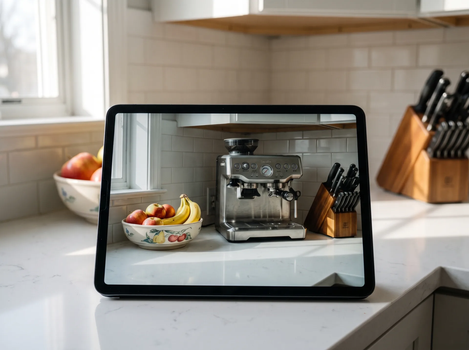 A tablet on a kitchen counter showing an espresso machine placed in AR in a gap that is empty on the real counter.