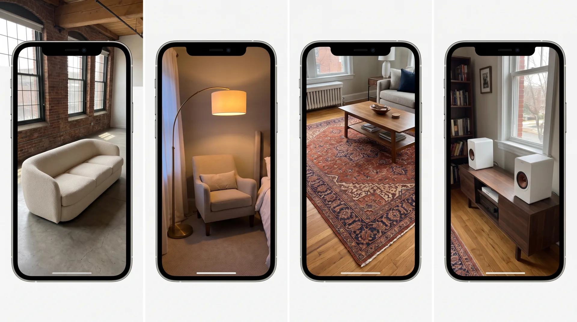 Four phone screens showing AR models in real rooms: a cream sofa in a loft, a brass floor lamp, a rust rug under a coffee table and two speakers on a console.
