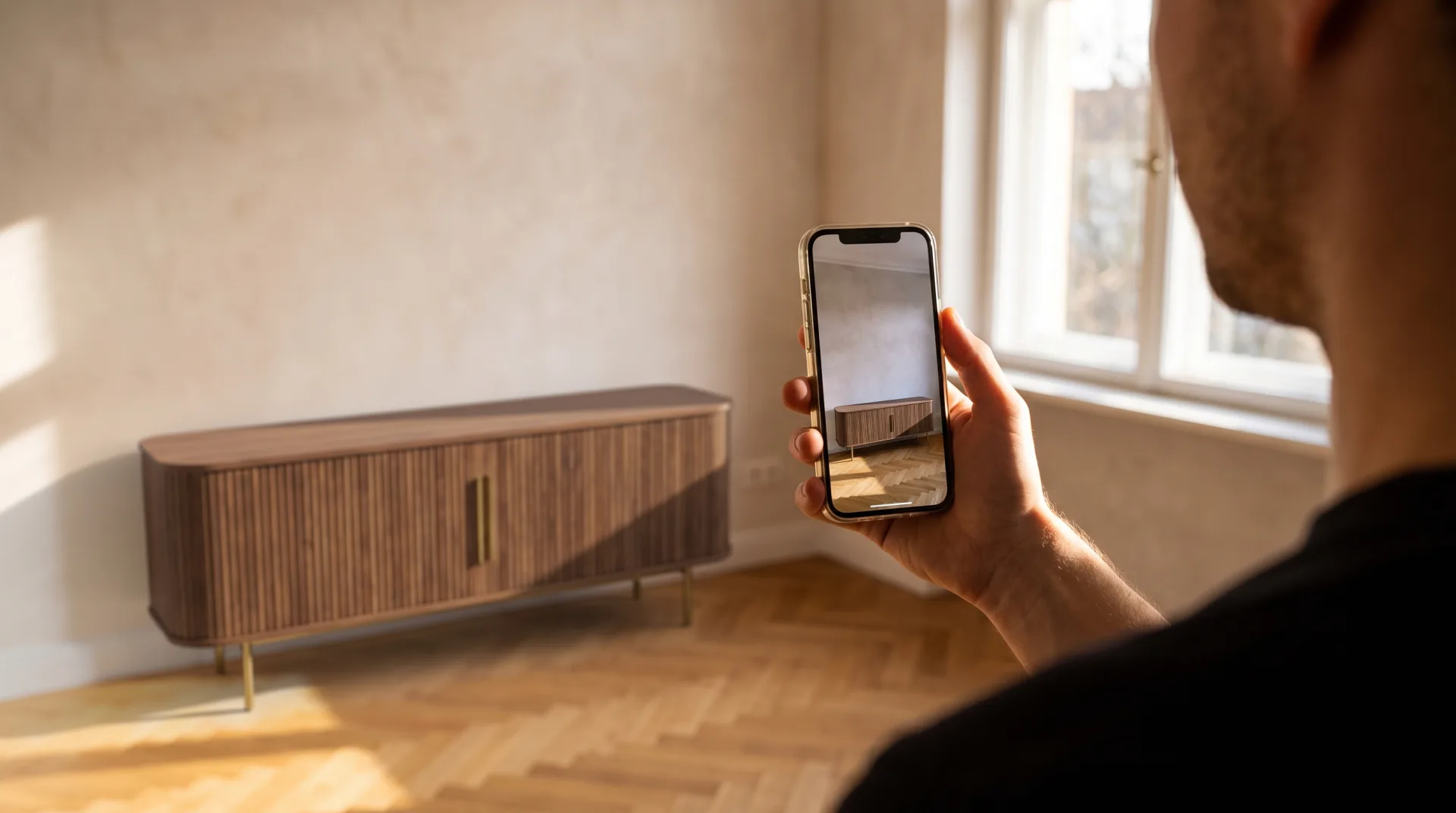 A hand holds a phone in a dining room; on the screen a walnut sideboard stands against the wall that is empty in real life.