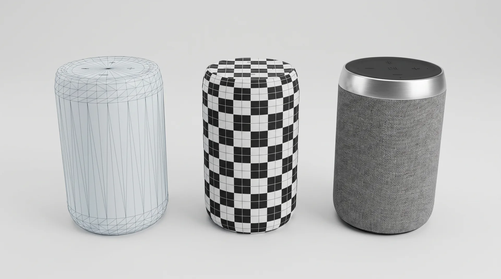 A cylindrical speaker shown three times: as a light wireframe mesh, with a checkerboard texture test, and as the finished fabric and aluminum model.