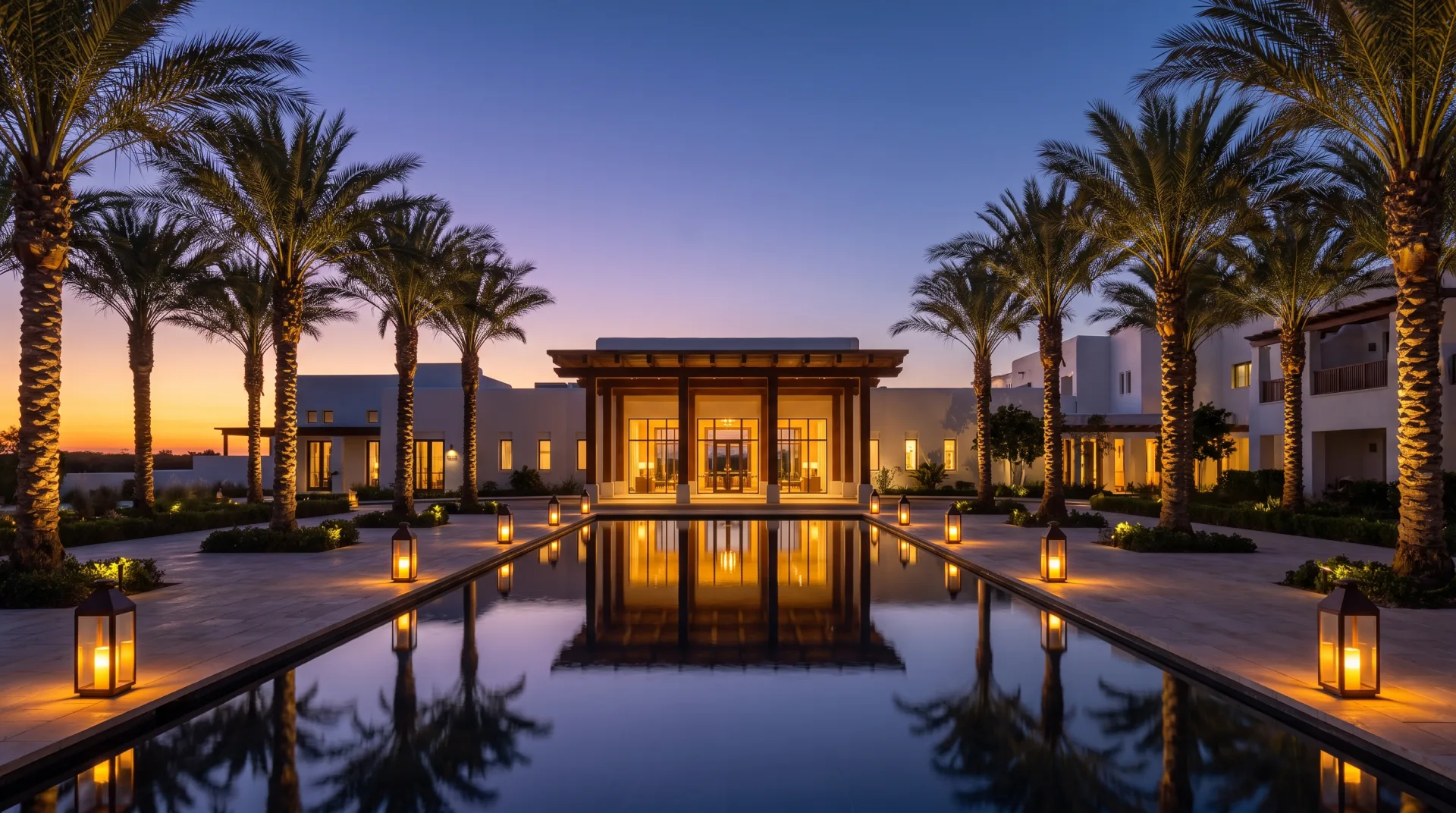 A white resort hotel entrance at dusk, with a timber canopy, a long reflecting pool lined with palms and a glowing lobby.