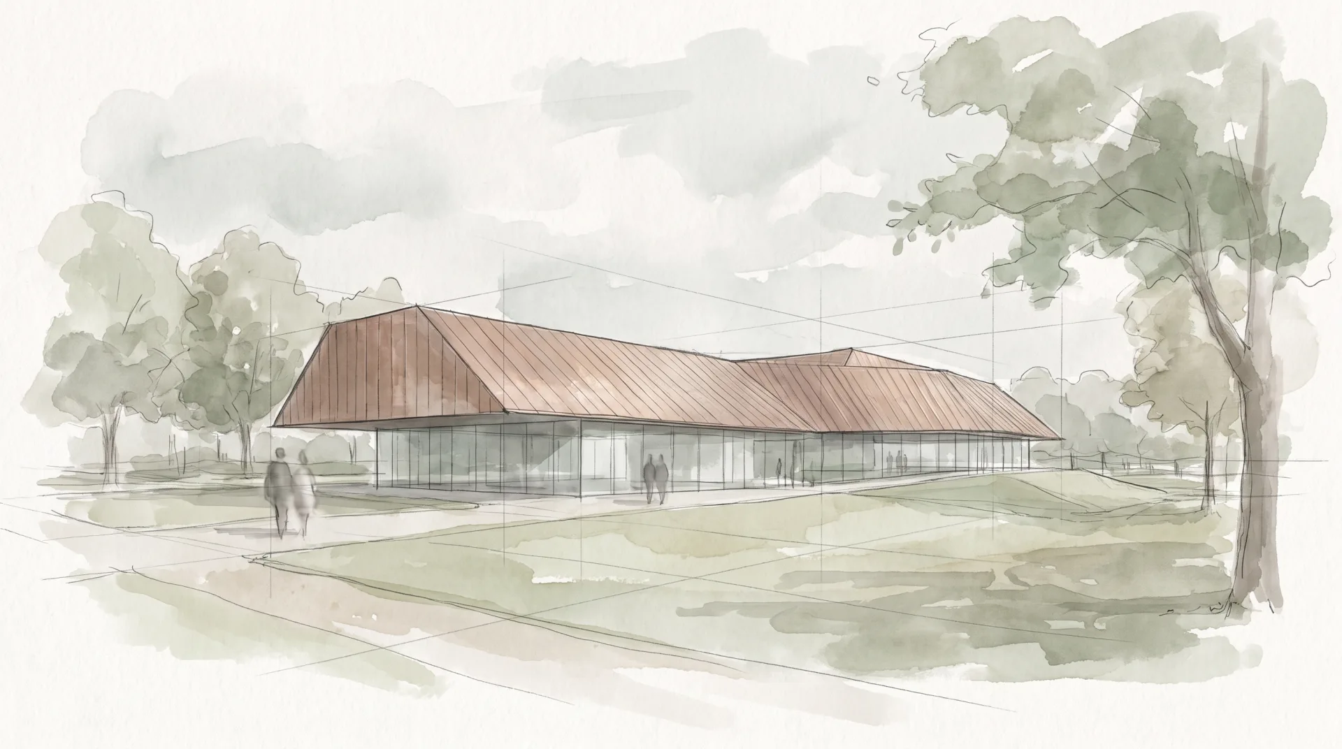 A watercolor-style concept of a long library with a folded copper roof over a glass ground floor, in a sloping park.