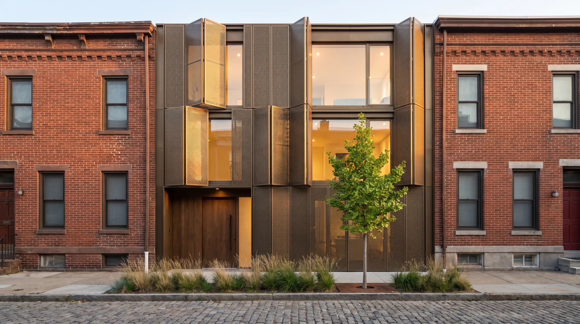 A narrow three-story house with a perforated bronze screen facade, set between two older brick row houses.
