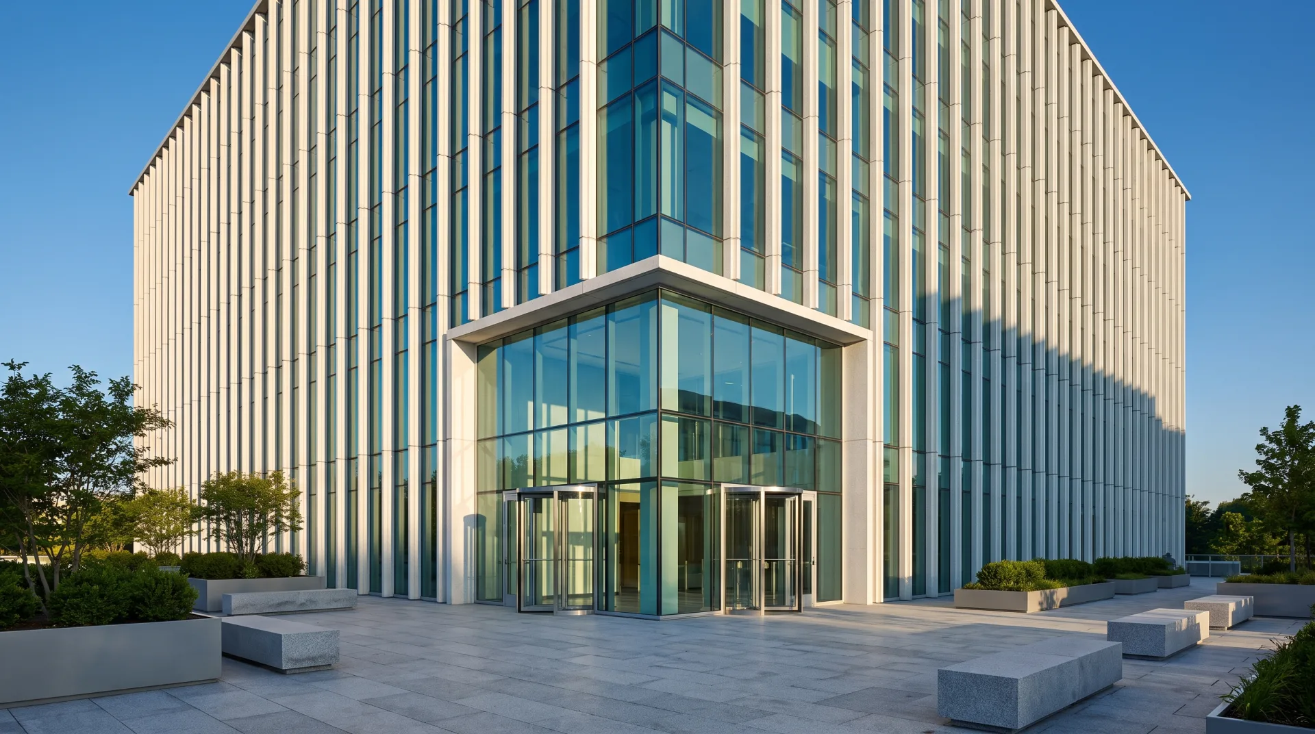 An eight-story office building with white vertical fins over green glass, seen from the corner across a granite plaza.