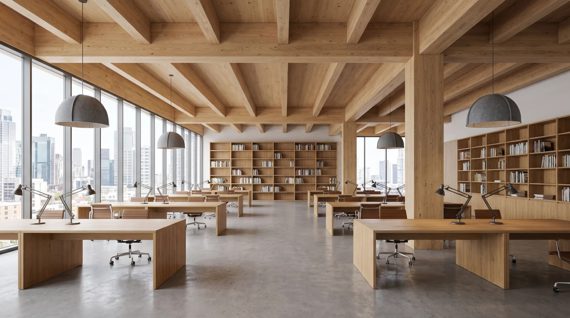 An open-plan office floor with a timber ceiling and columns, oak desks and floor-to-ceiling windows onto a city skyline.