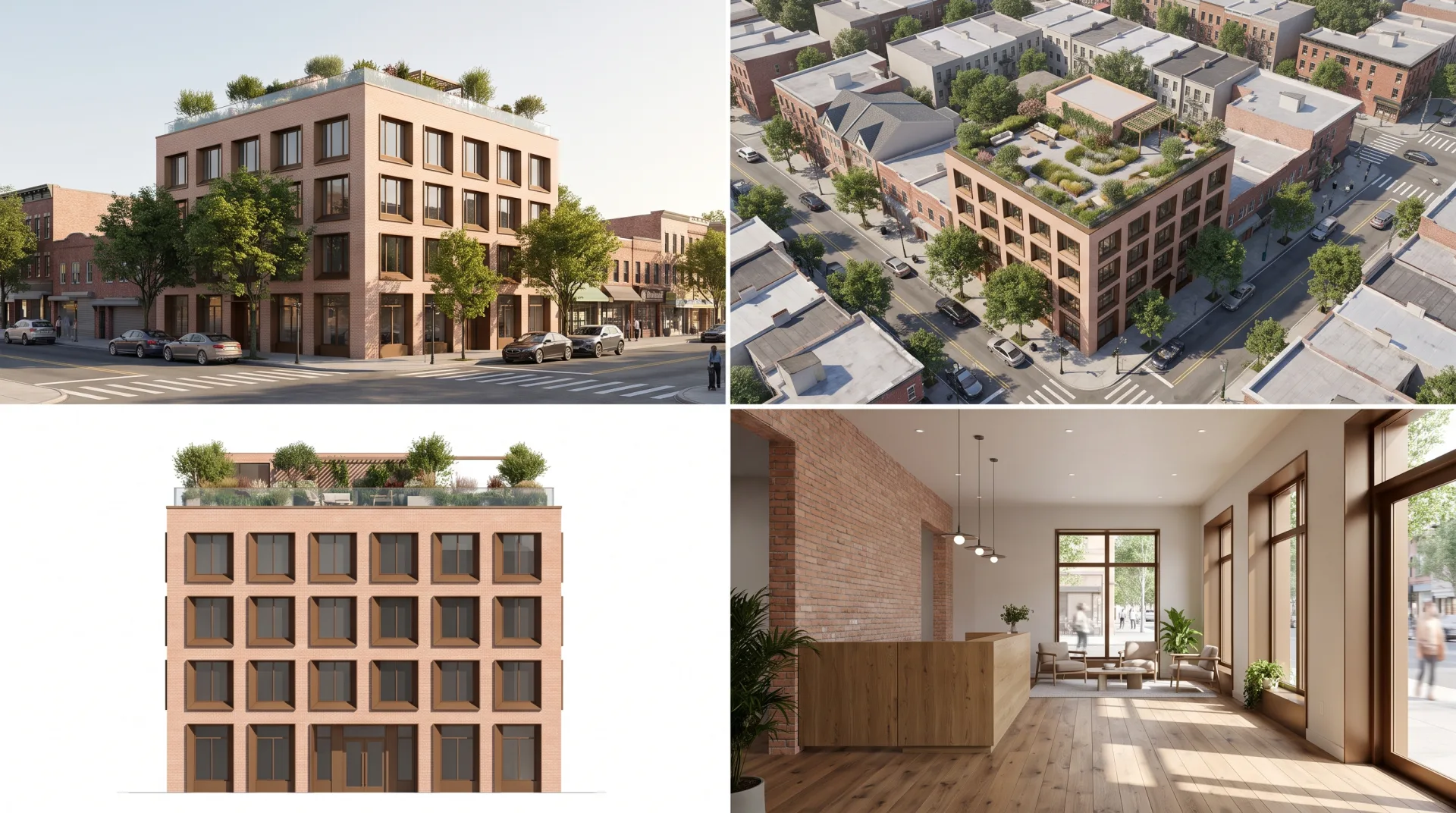 One terracotta brick office building shown four ways: a street-level exterior, an aerial view from above, a flat color elevation and the ground-floor reception inside.