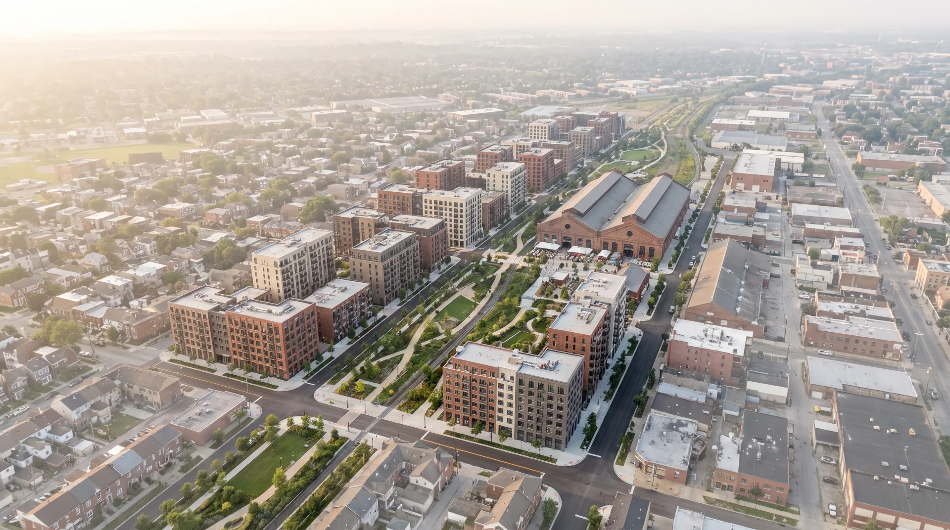 An aerial view of a former rail yard rebuilt as new blocks along a long central park, with two old brick train sheds kept as a market hall.