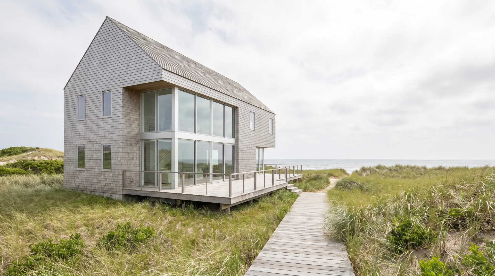 A cedar-shingled coastal house with a steep gable roof and a glazed corner, on grassy dunes with a boardwalk leading to it.