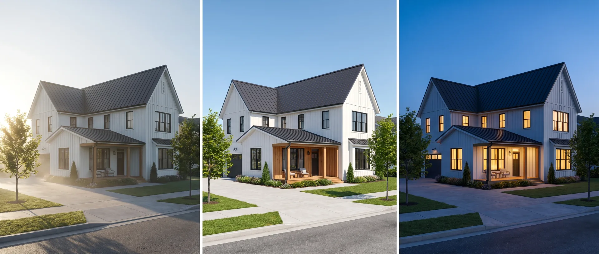 The same white two-story house three times: in cool morning light, in bright midday sun, and at dusk with every window lit.