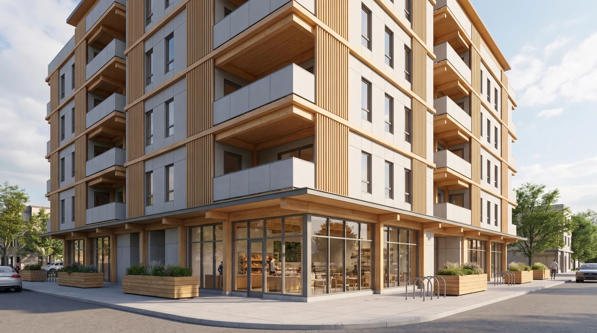 A seven-story timber-framed apartment building with larch screens and a glazed corner shop, seen from across the intersection.