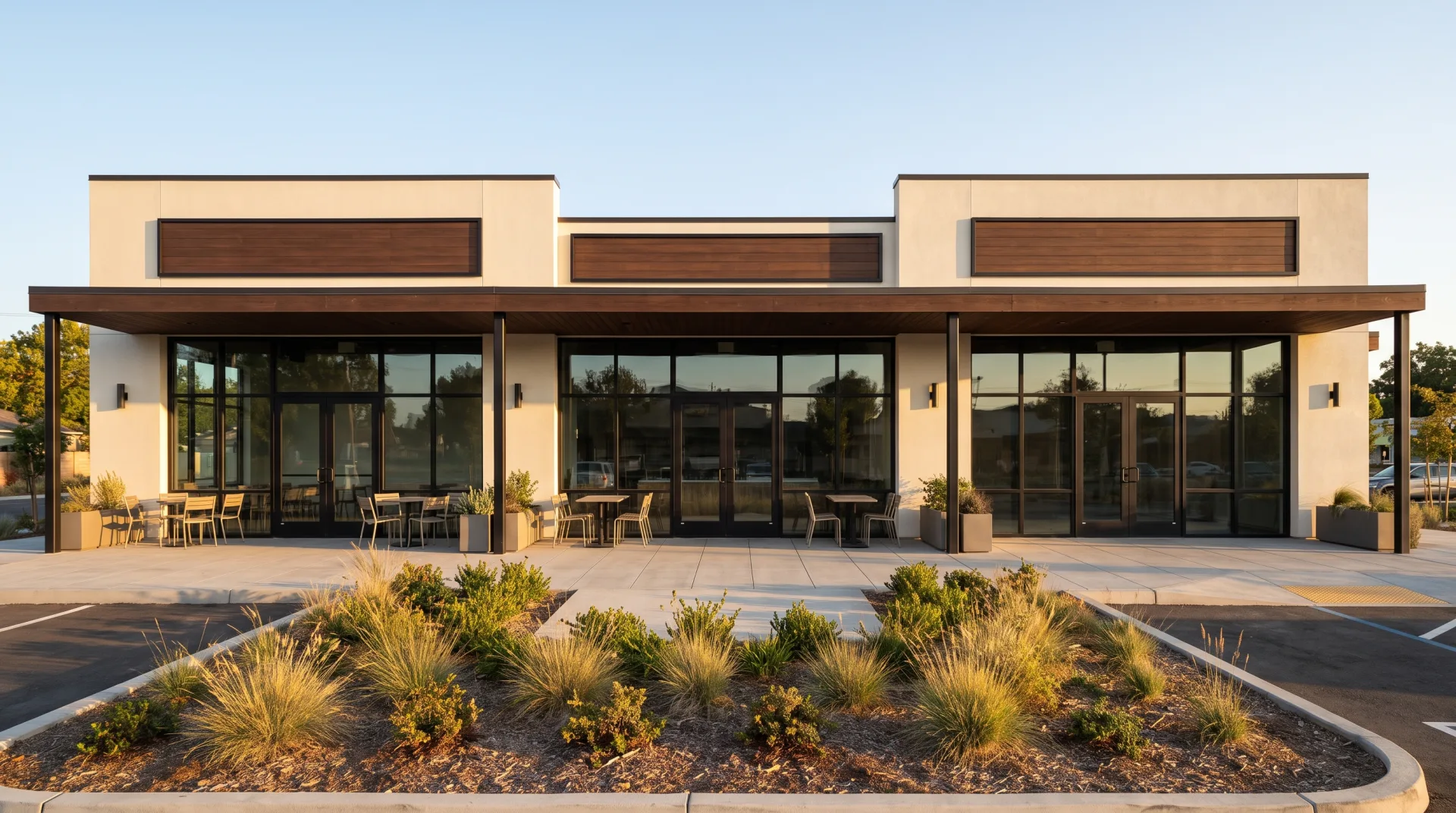 A single-story retail strip with three glass storefronts under a dark timber canopy and cafe seating outside.
