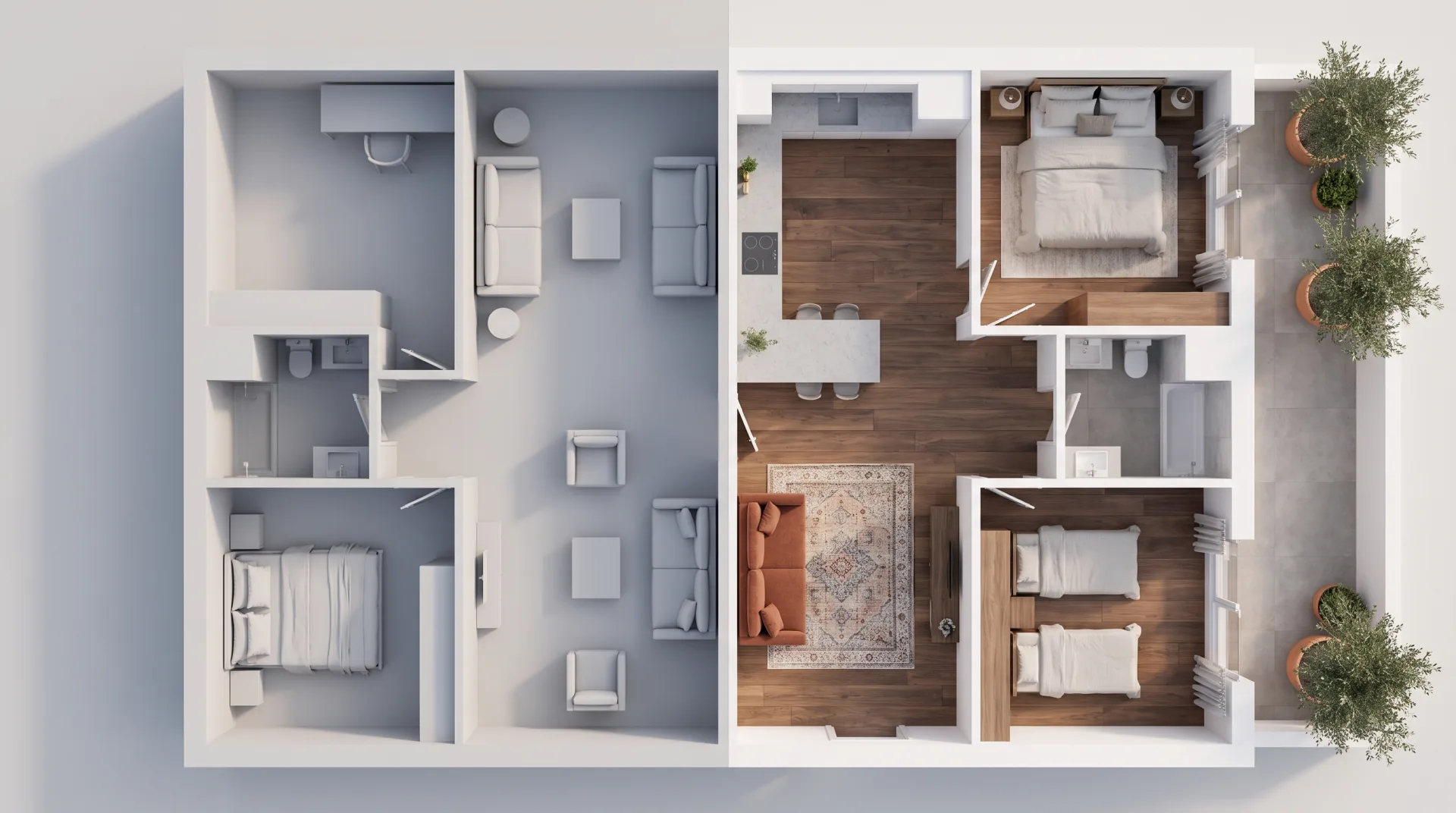 The same apartment floor plan as an all-gray clay plan on the left and a finished color plan with walnut floors and furniture on the right.